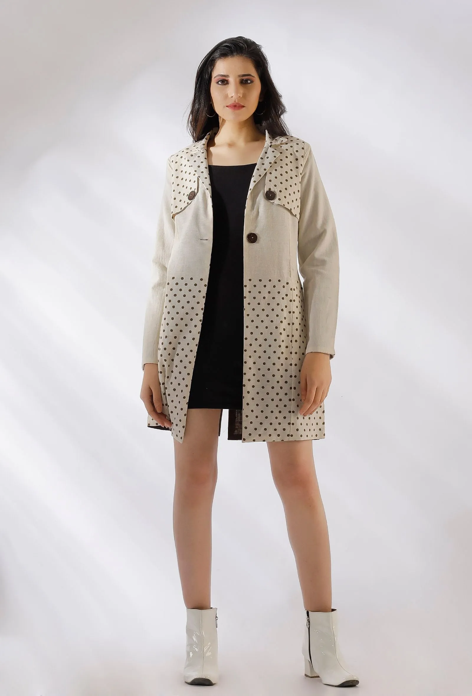 Caroline Polka Dot Off White Pure Woven Cotton Trench Coat