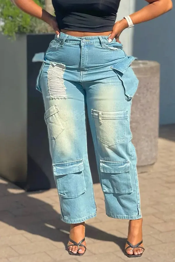 Casual Flap Pocket Straight Leg Jeans