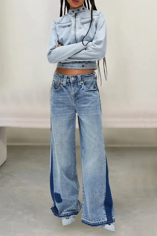 Casual Raw Trim Colorblock Wide Leg Jean