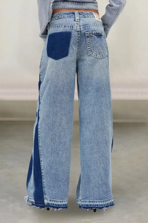 Casual Raw Trim Colorblock Wide Leg Jean