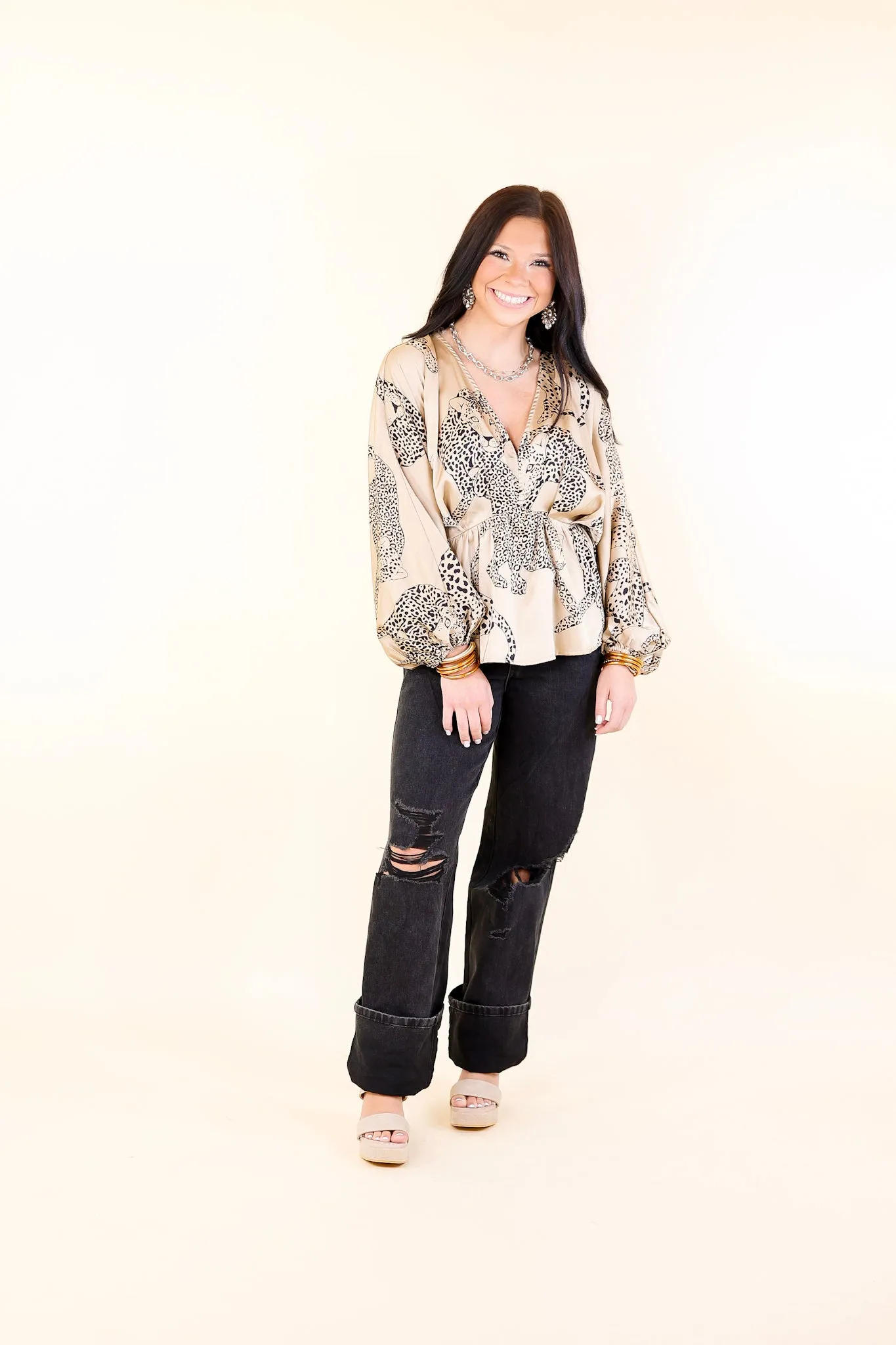 Central Ave Sweetness Leopard Print Peplum Top in Tan