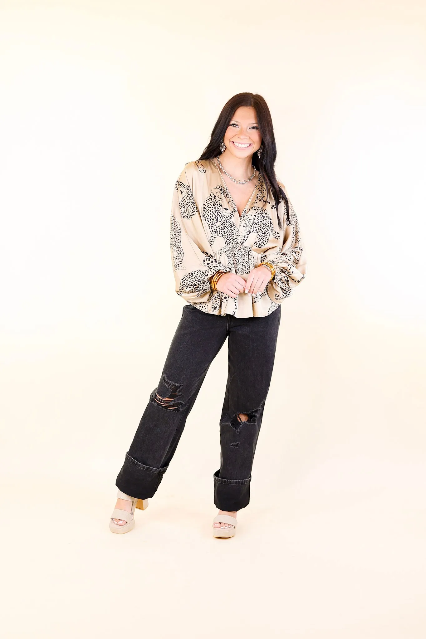 Central Ave Sweetness Leopard Print Peplum Top in Tan