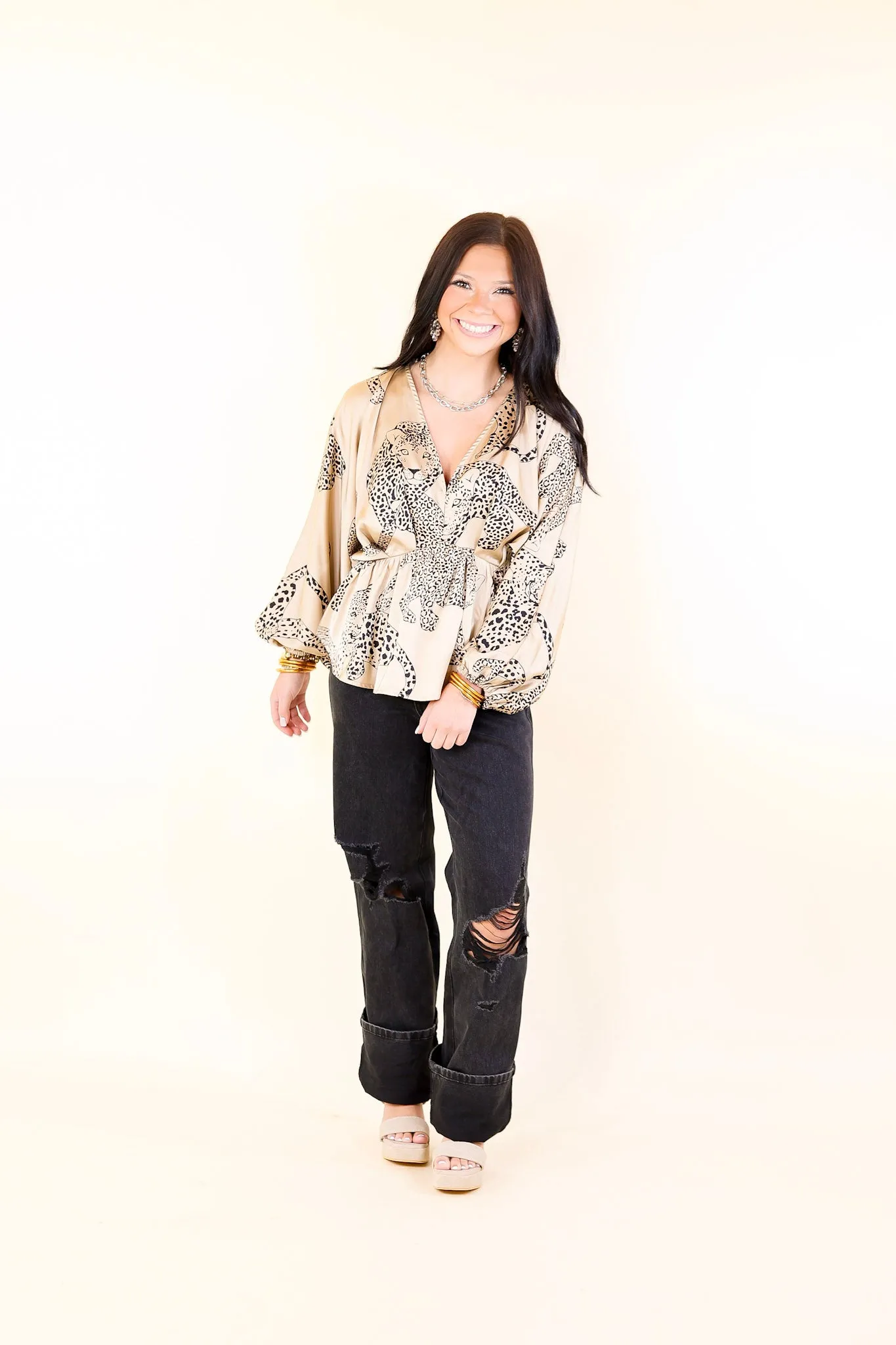 Central Ave Sweetness Leopard Print Peplum Top in Tan