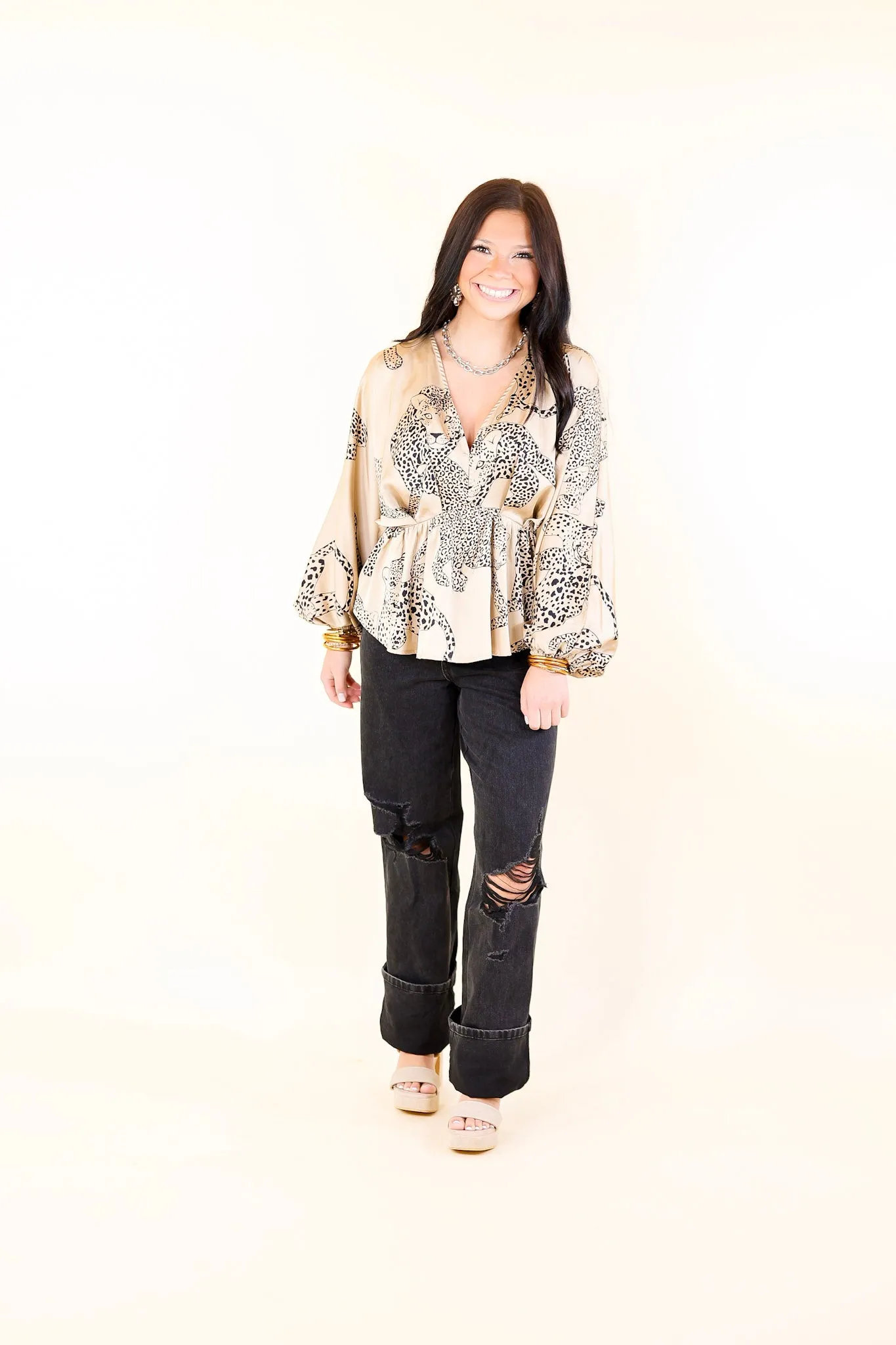 Central Ave Sweetness Leopard Print Peplum Top in Tan