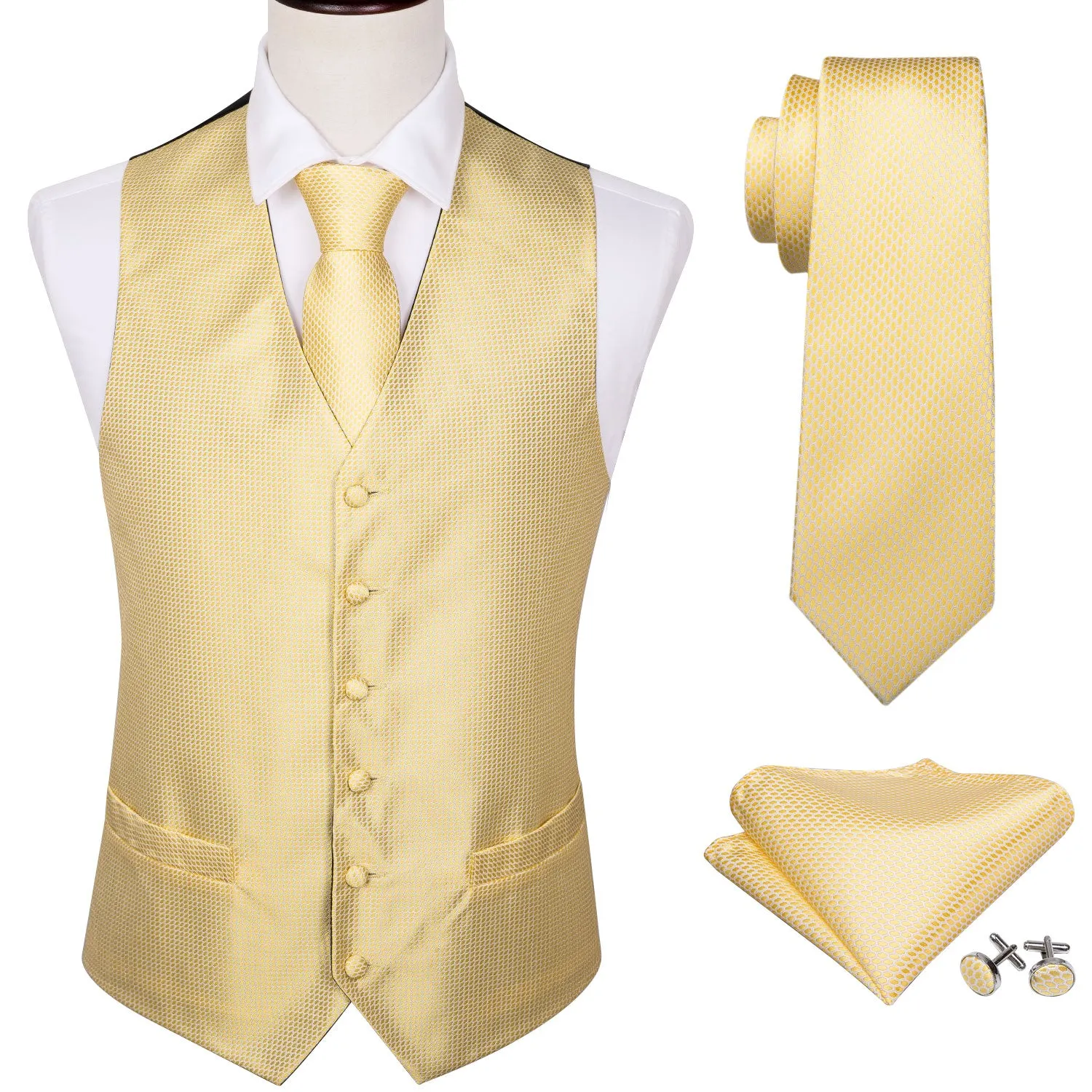 Champagne Solid Silk Men's Vest Tie Hanky Cufflinks Set Waistcoat Suit Set