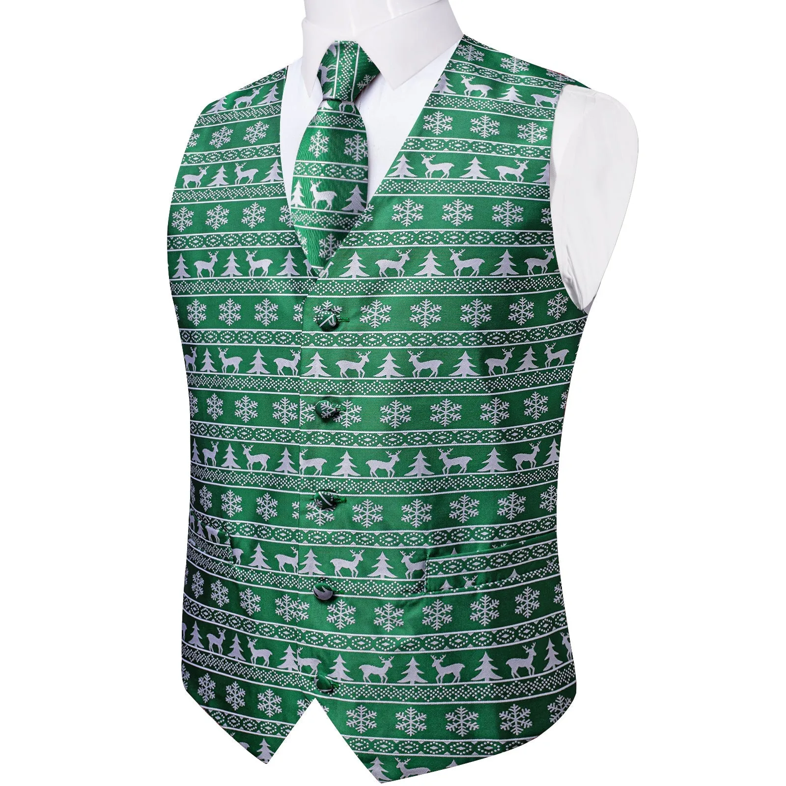 Christmas Green White Elk Novelty Jacquard Silk Men's Vest Hanky Cufflinks Tie Set