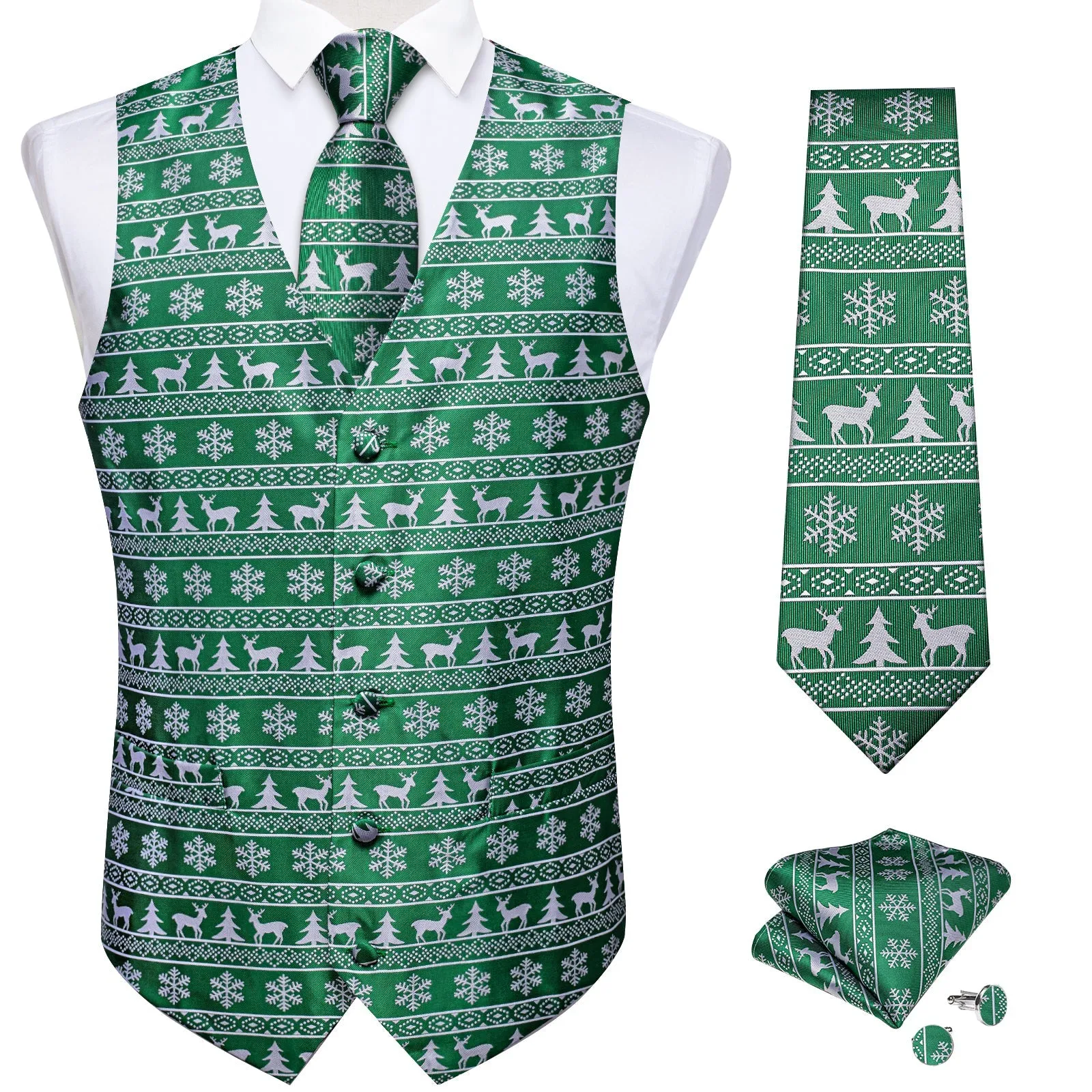 Christmas Green White Elk Novelty Jacquard Silk Men's Vest Hanky Cufflinks Tie Set