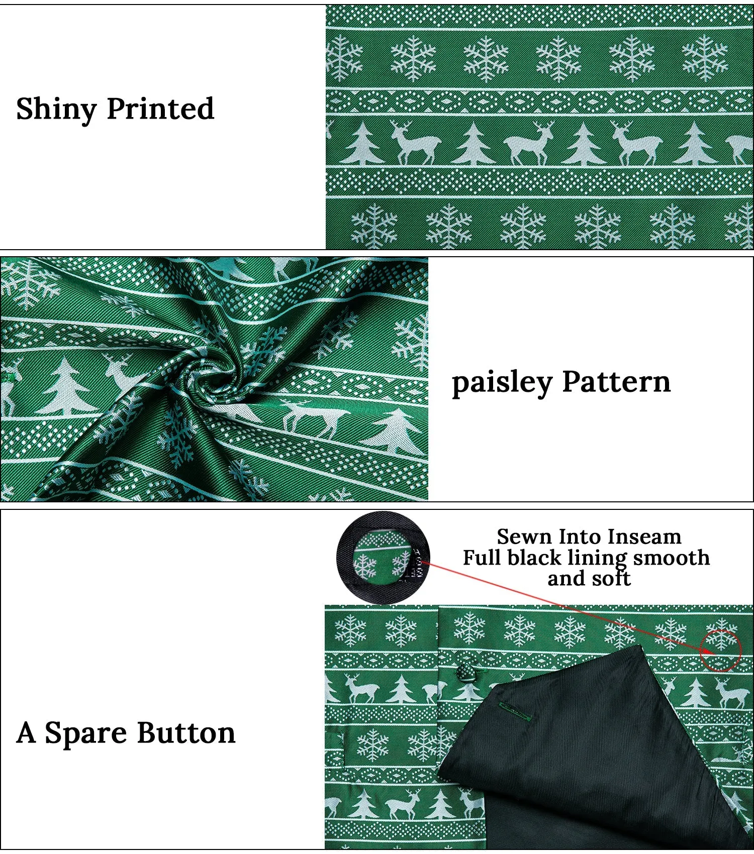 Christmas Green White Elk Novelty Jacquard Silk Men's Vest Hanky Cufflinks Tie Set