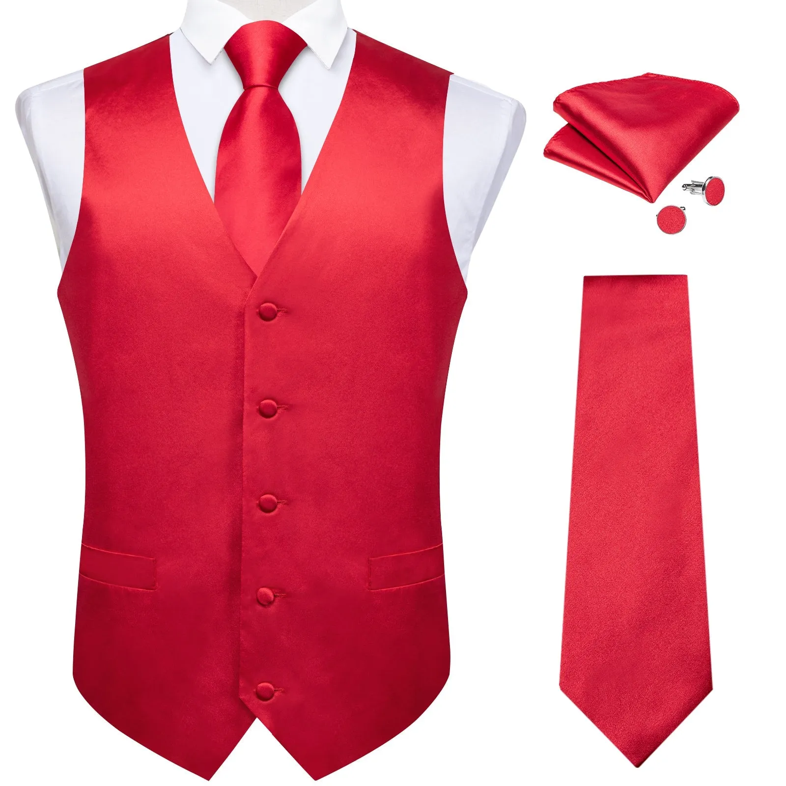 Classic Red Solid Satin Men's Vest Tie Set