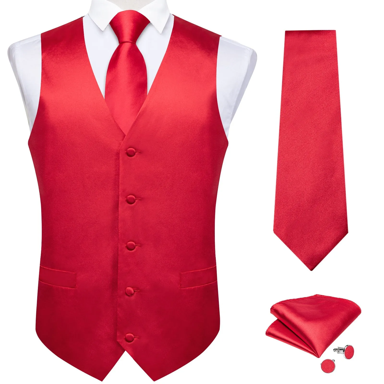 Classic Red Solid Satin Men's Vest Tie Set