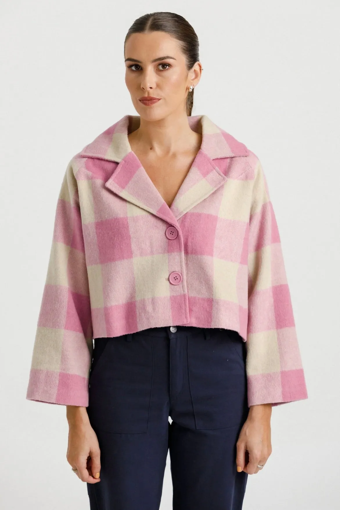 Clemmie Ballerina Pink Check Cropped Coat