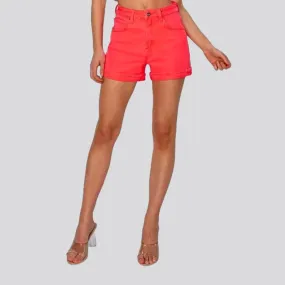 Coral-color women's denim shorts