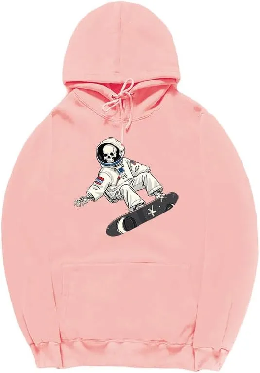 CORIRESHA Unisex Halloween Skull Astronaut Hoodie Casual Long Sleeve Drawstring Skateboarding Sweatshirt