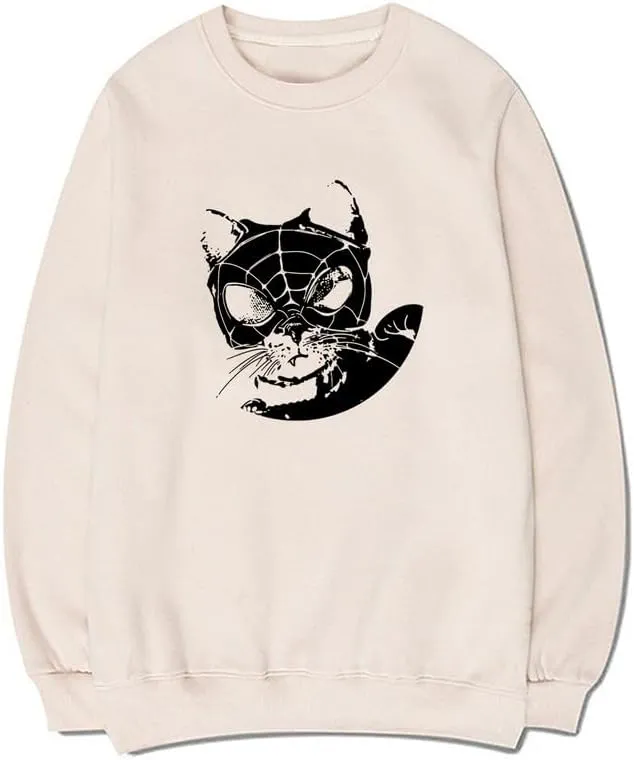 CORIRESHA Women's Cat lovers Pullover Crewneck Long Sleeves Casual Y2K Spider Web Sweatshirt