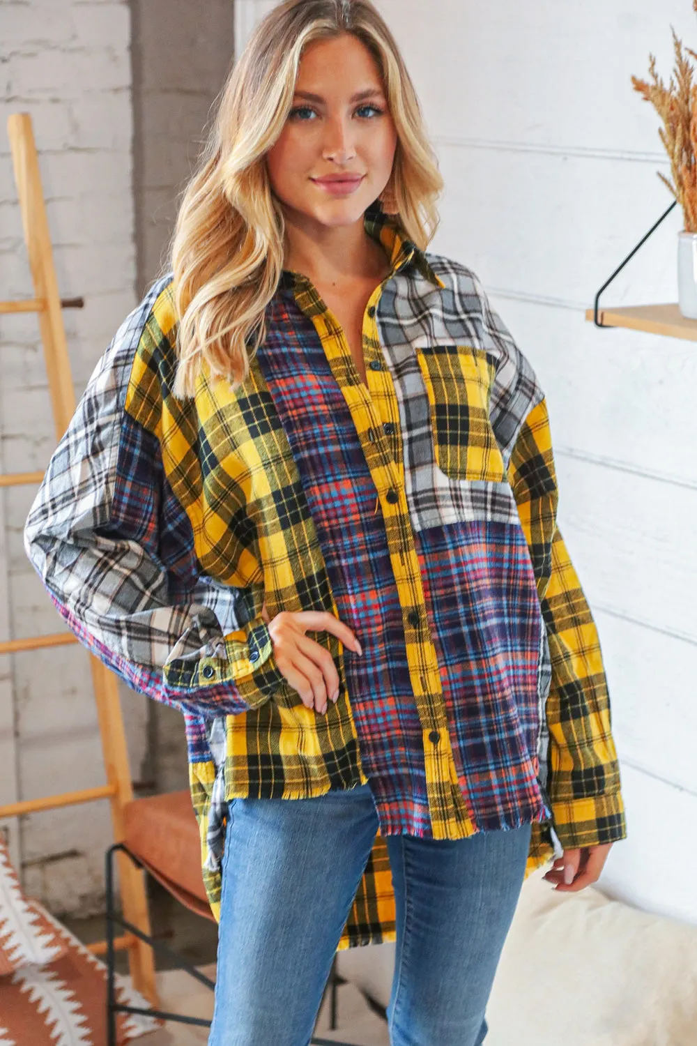 Cotton Blend Yellow Plaid Color Block Cut-Edge Shacket