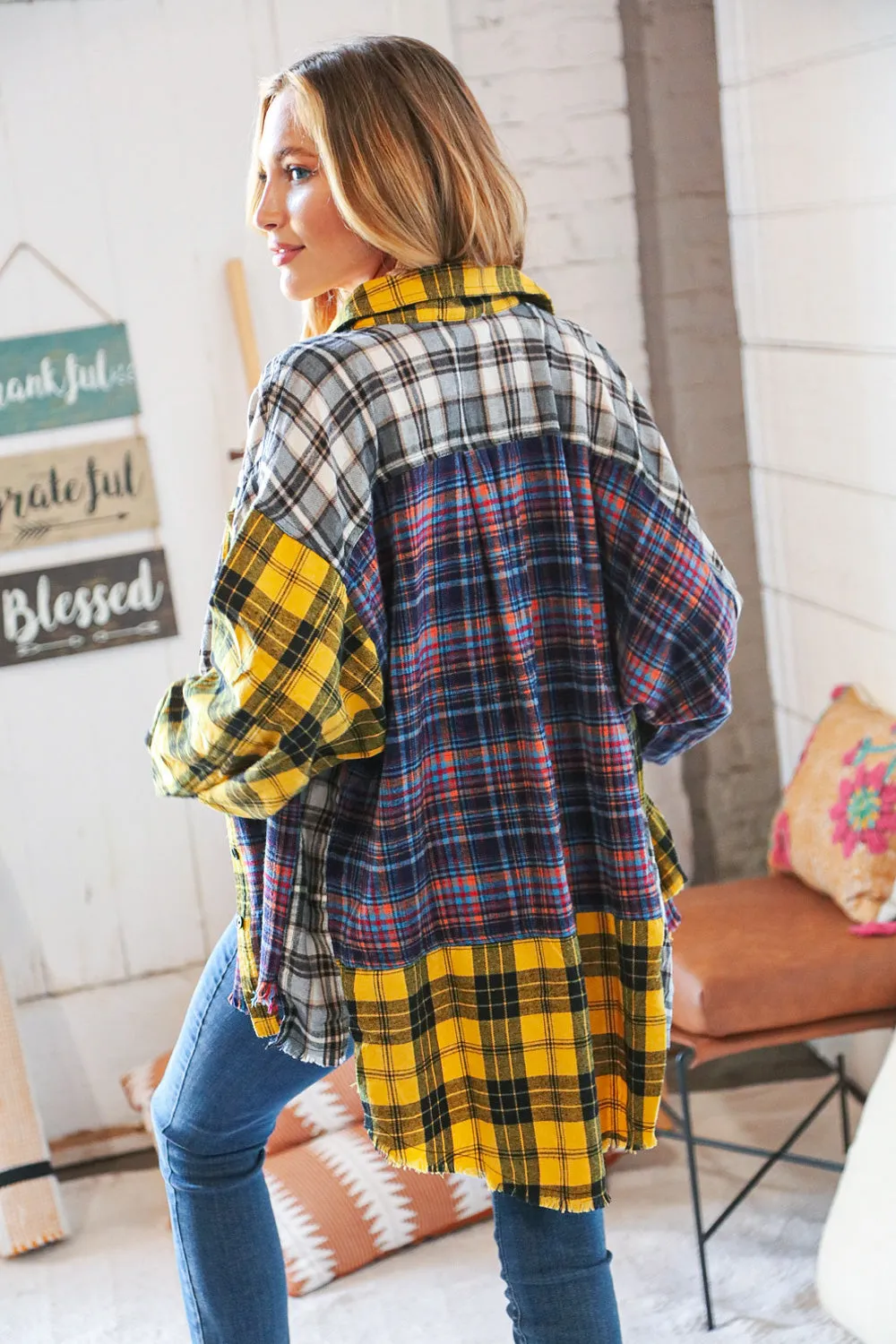 Cotton Blend Yellow Plaid Color Block Cut-Edge Shacket