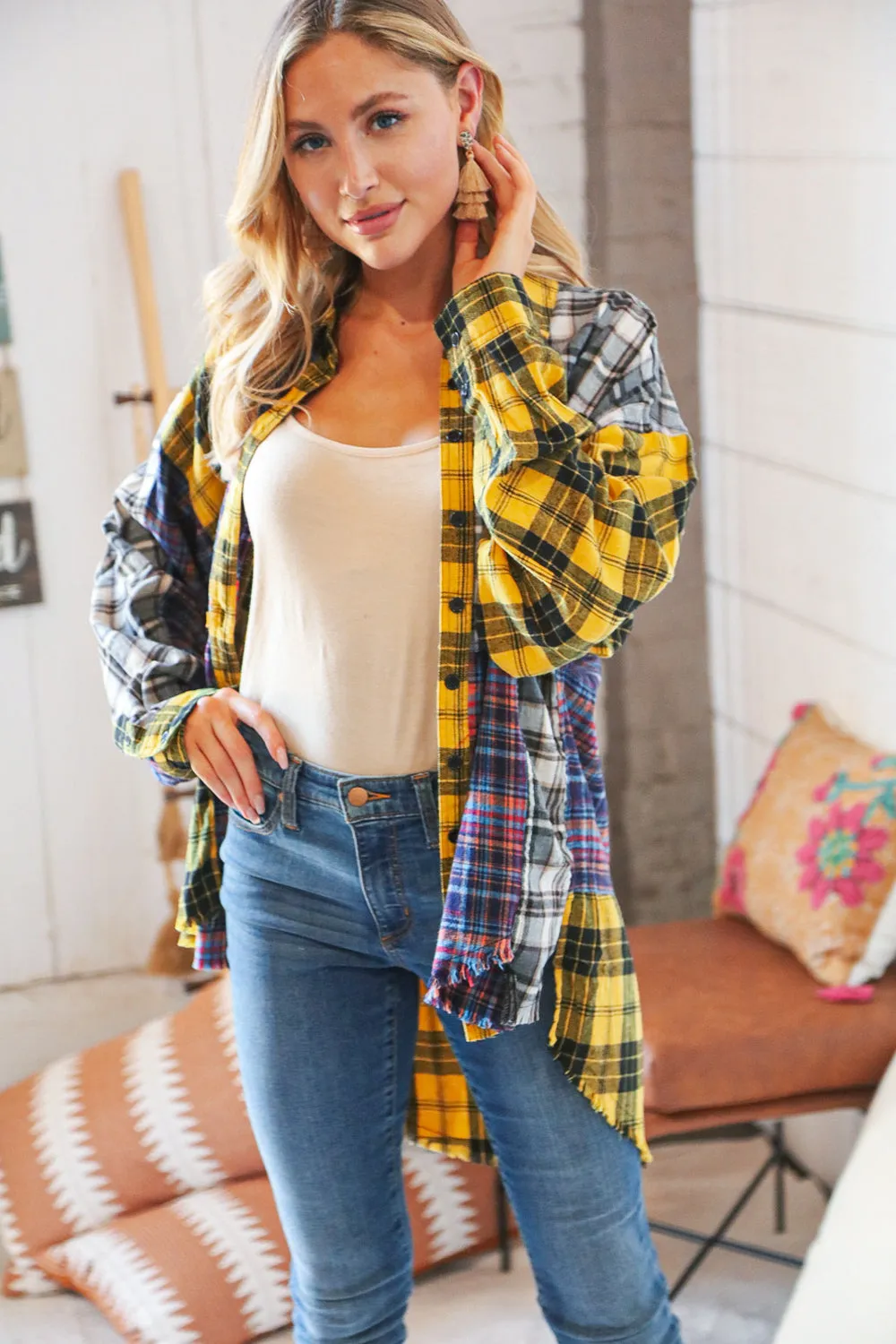 Cotton Blend Yellow Plaid Color Block Cut-Edge Shacket