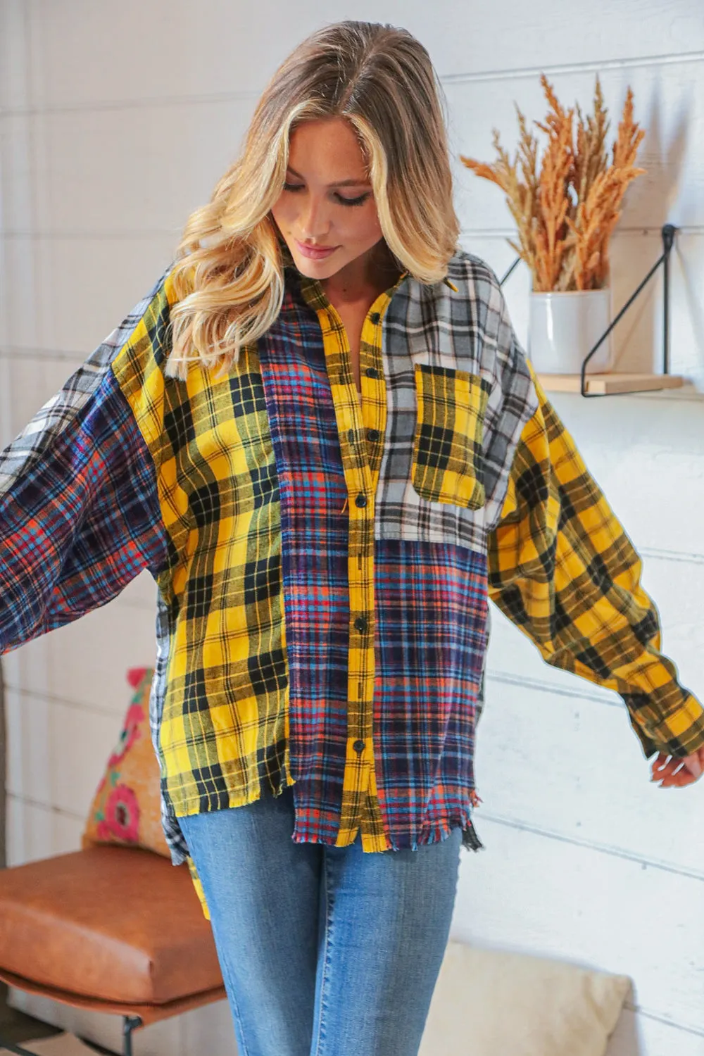 Cotton Blend Yellow Plaid Color Block Cut-Edge Shacket