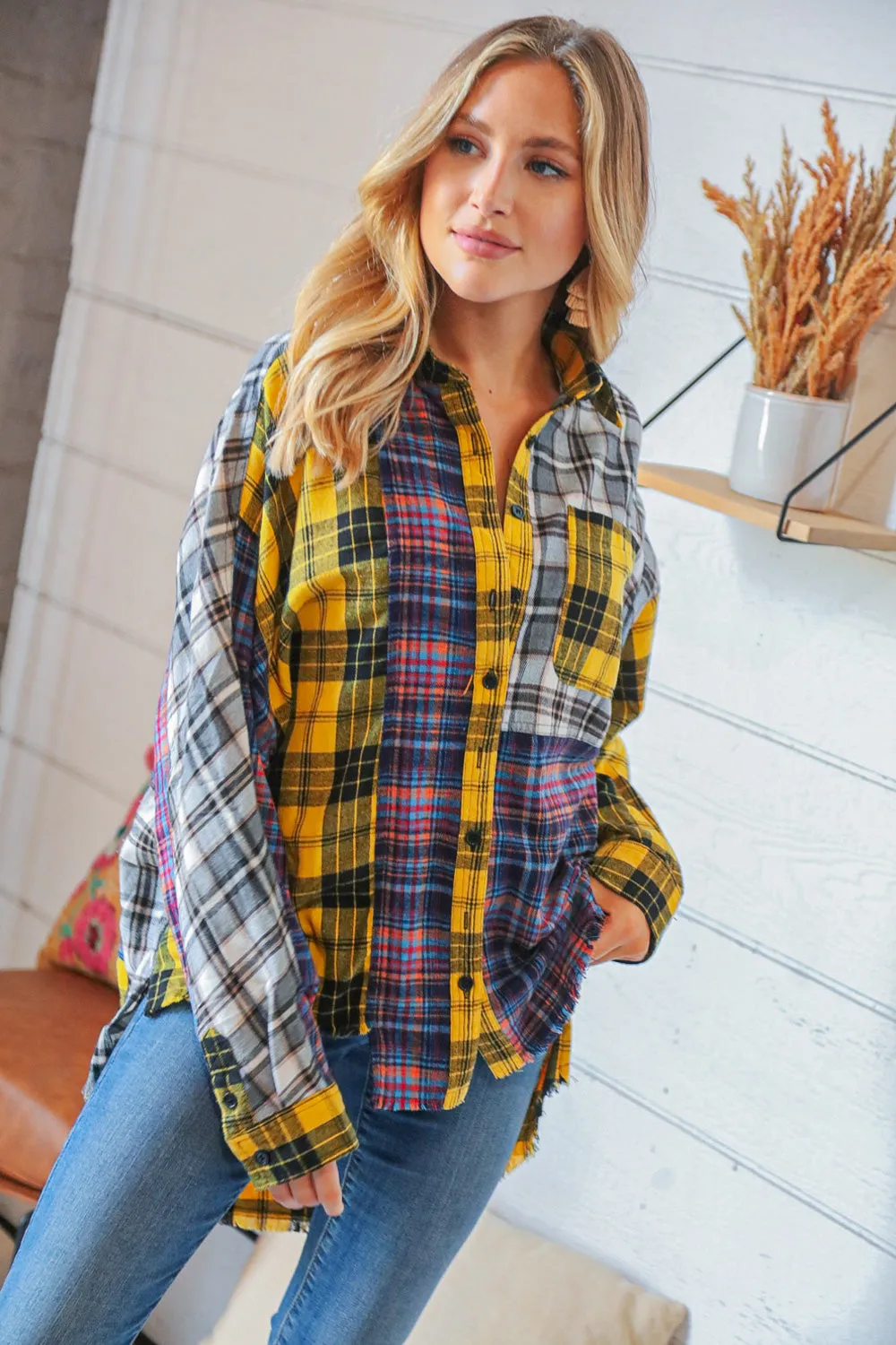 Cotton Blend Yellow Plaid Color Block Cut-Edge Shacket