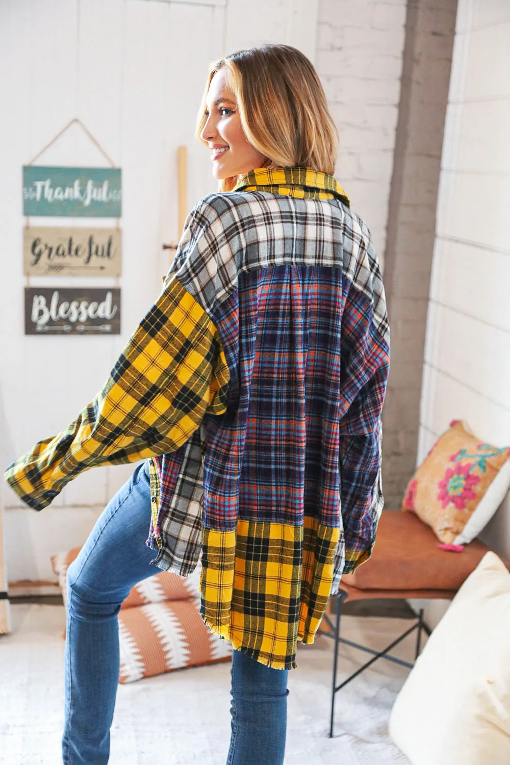 Cotton Blend Yellow Plaid Color Block Cut-Edge Shacket