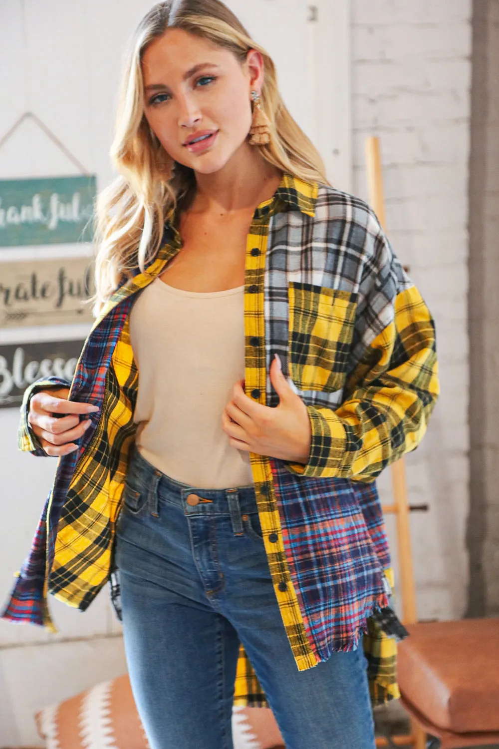 Cotton Blend Yellow Plaid Color Block Cut-Edge Shacket