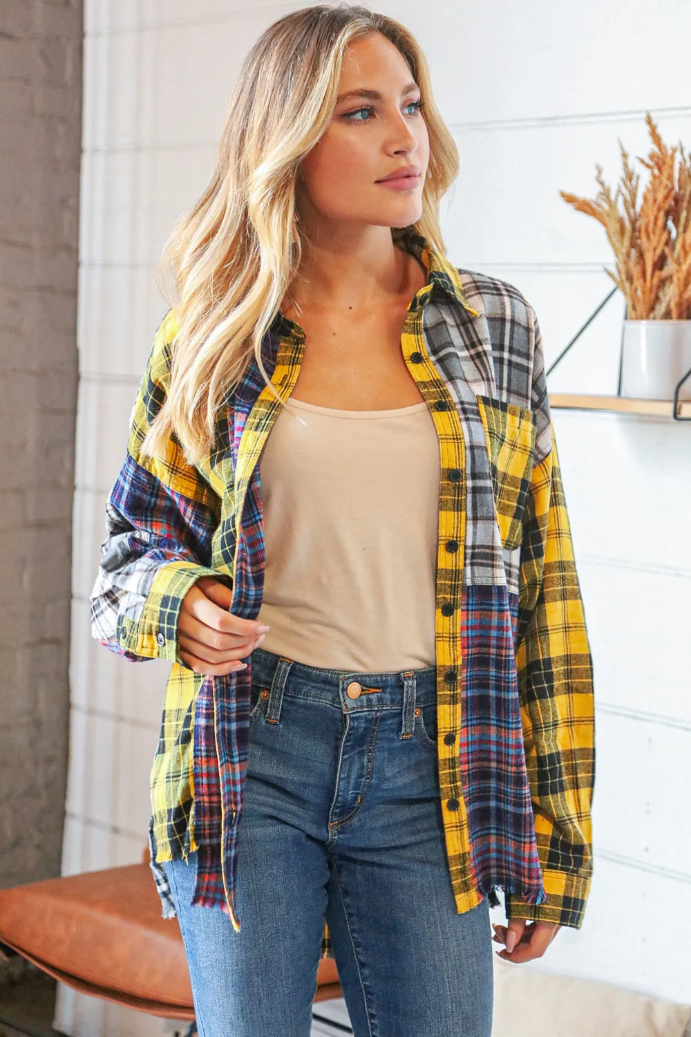 Cotton Blend Yellow Plaid Color Block Cut-Edge Shacket