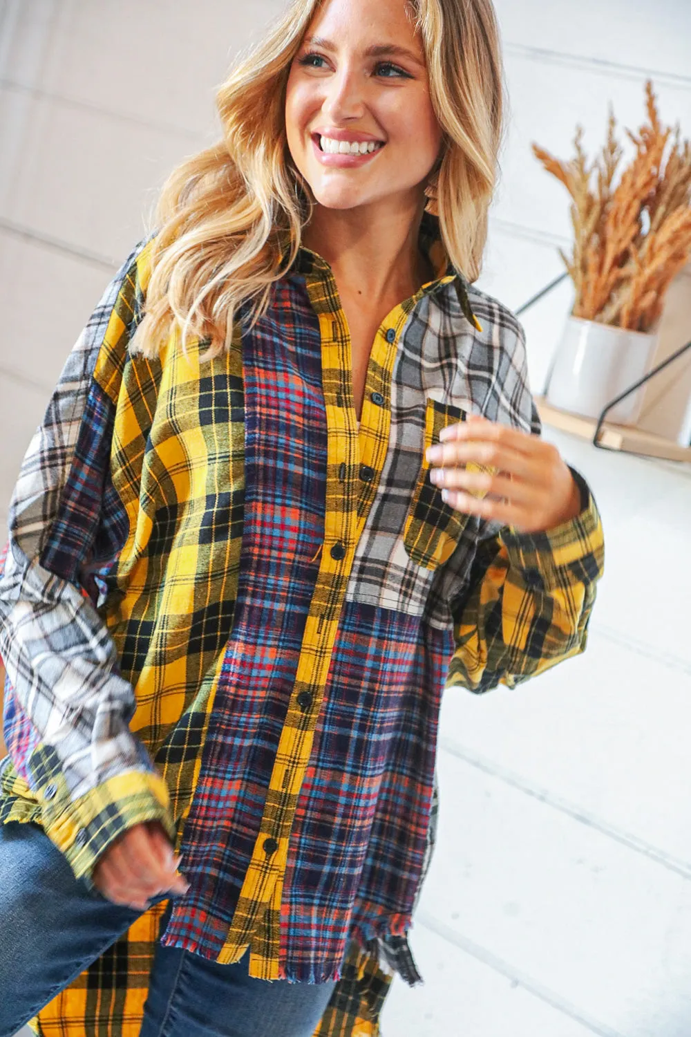 Cotton Blend Yellow Plaid Color Block Cut-Edge Shacket