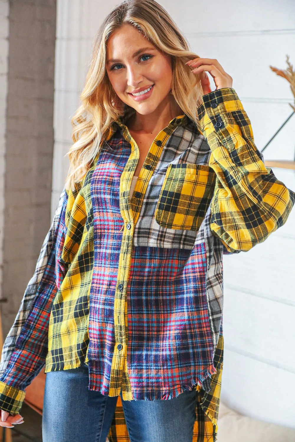 Cotton Blend Yellow Plaid Color Block Cut-Edge Shacket