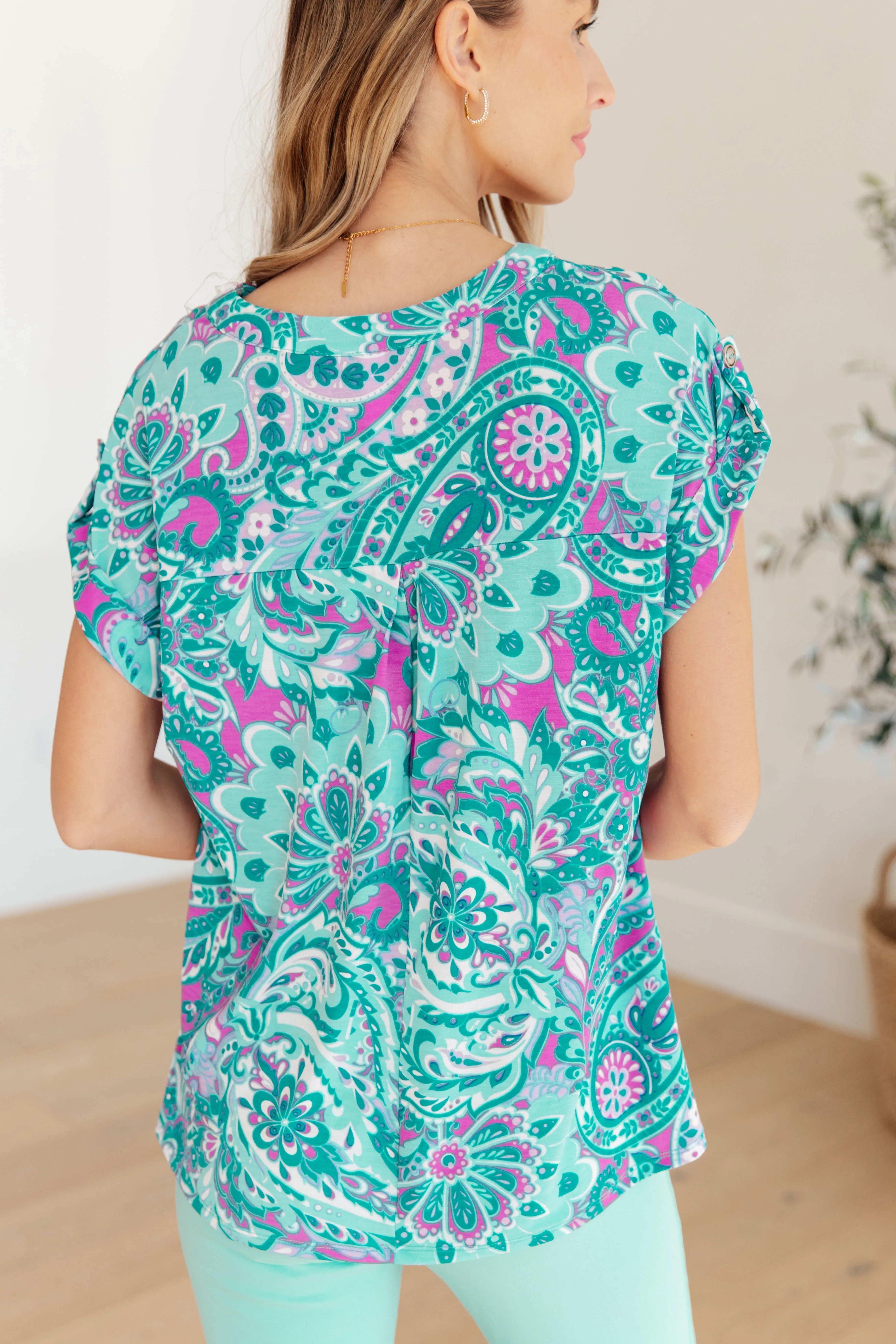 Dear Scarlett Lizzy Cap Sleeve Top in Magenta and Teal Paisley