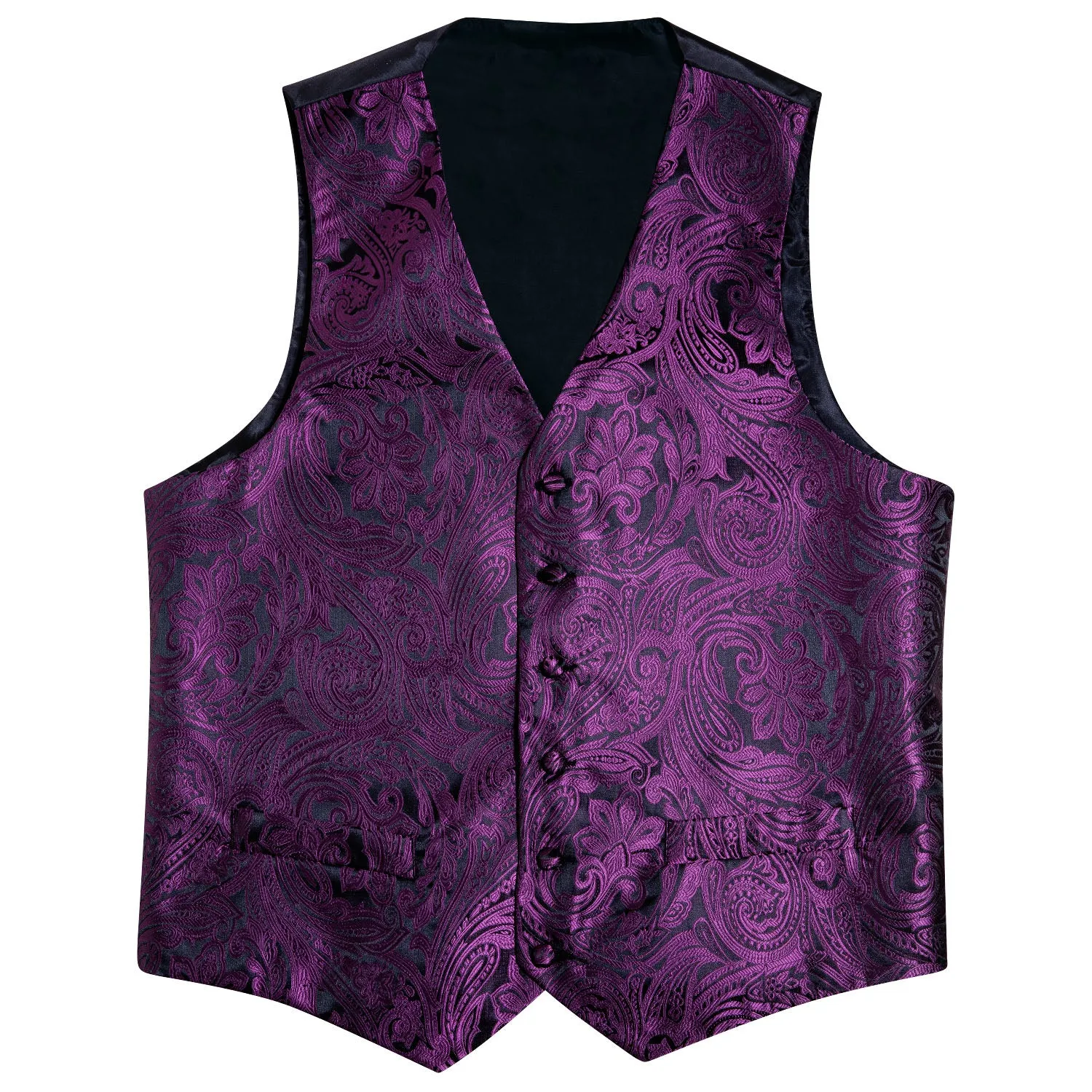 Deep Purple Paisley Jacquard Silk Men's Vest Hanky Cufflinks Tie Set