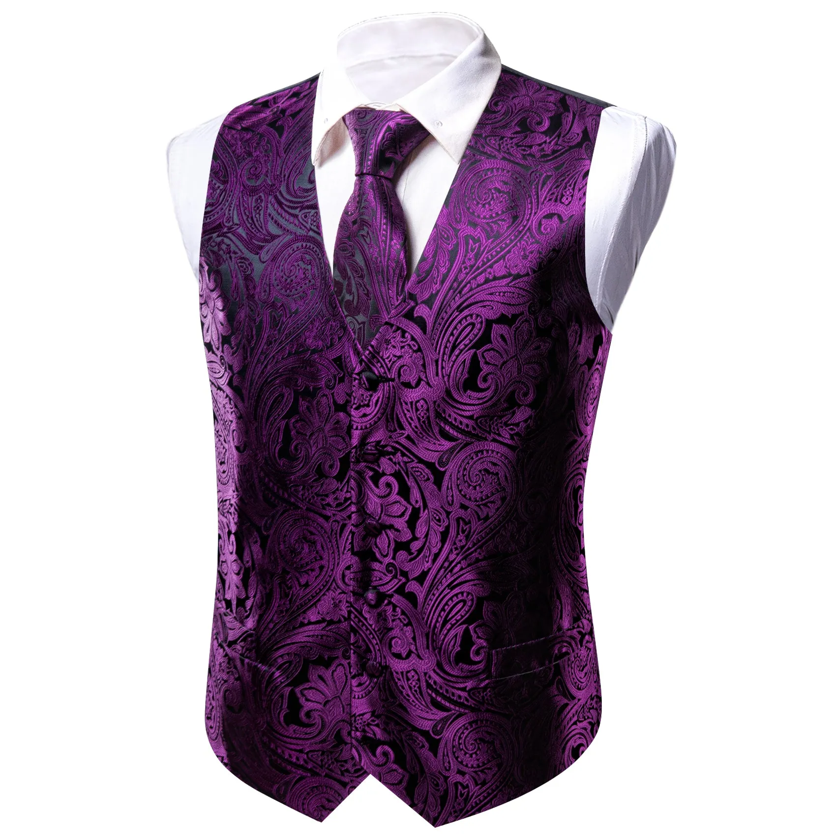 Deep Purple Paisley Jacquard Silk Men's Vest Hanky Cufflinks Tie Set