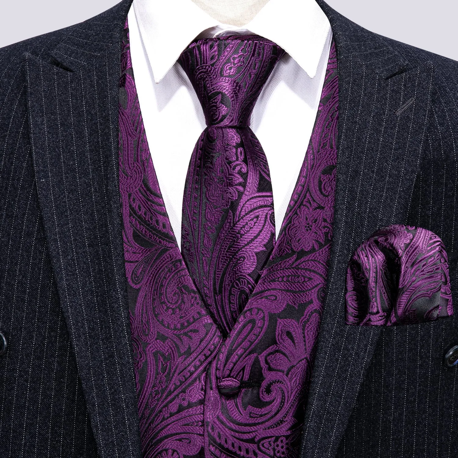 Deep Purple Paisley Jacquard Silk Men's Vest Hanky Cufflinks Tie Set