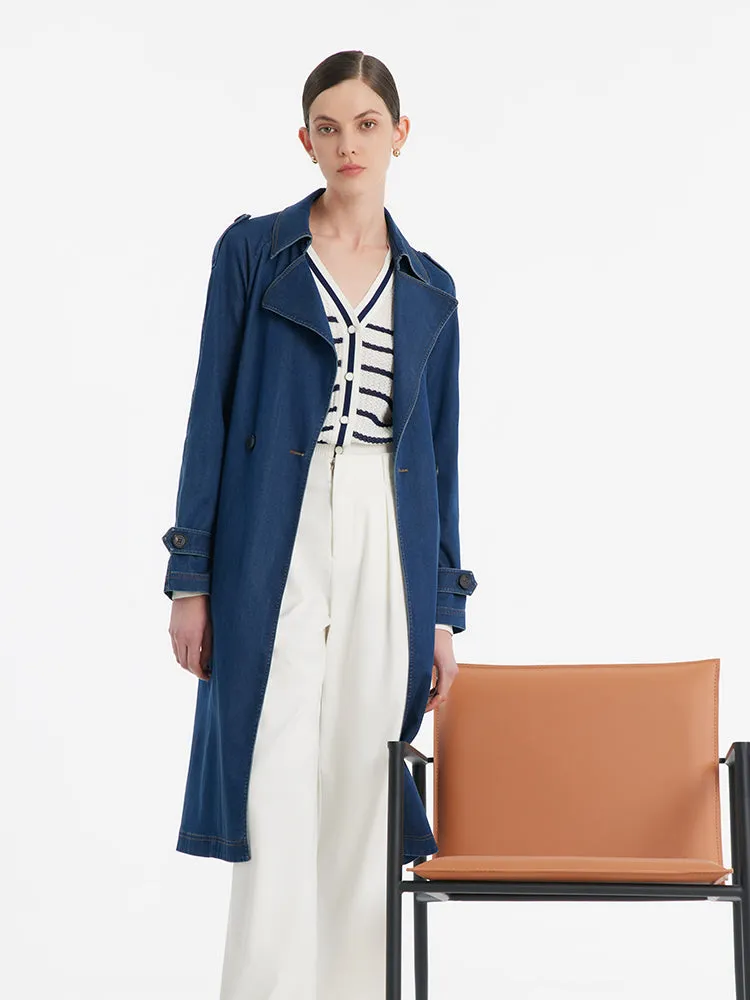 Denim Lapel Women Trench Coat With Belt