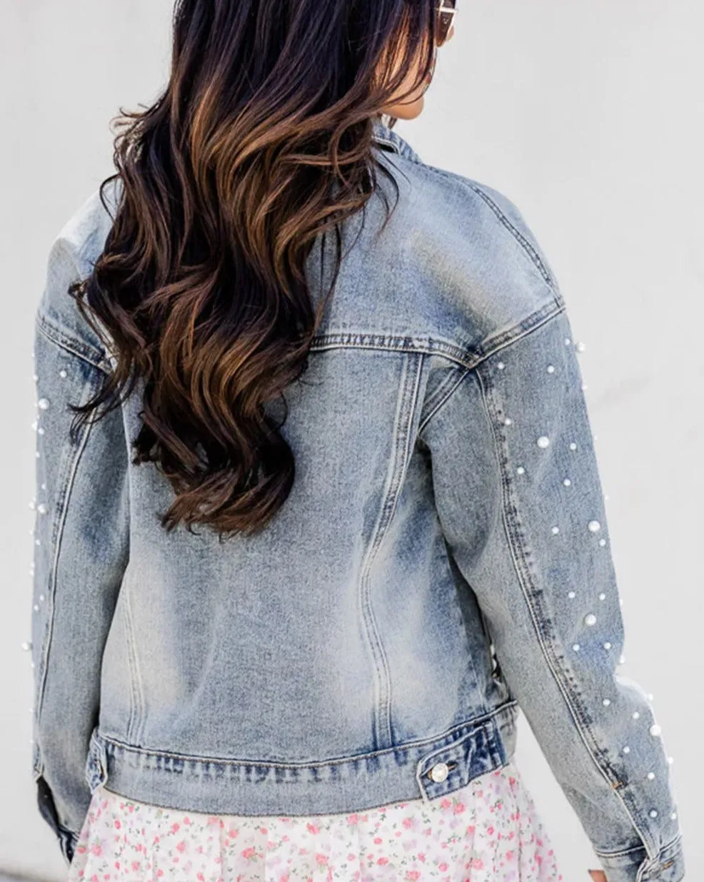 Denim Pearl Beaded Buttoned Jacket