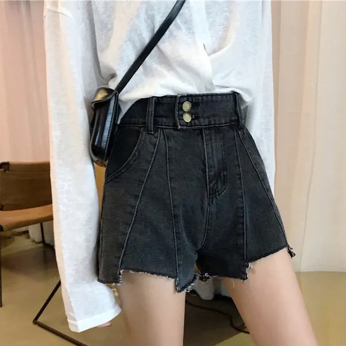 Denim Shorts With Ripped Asymmetrical Hem