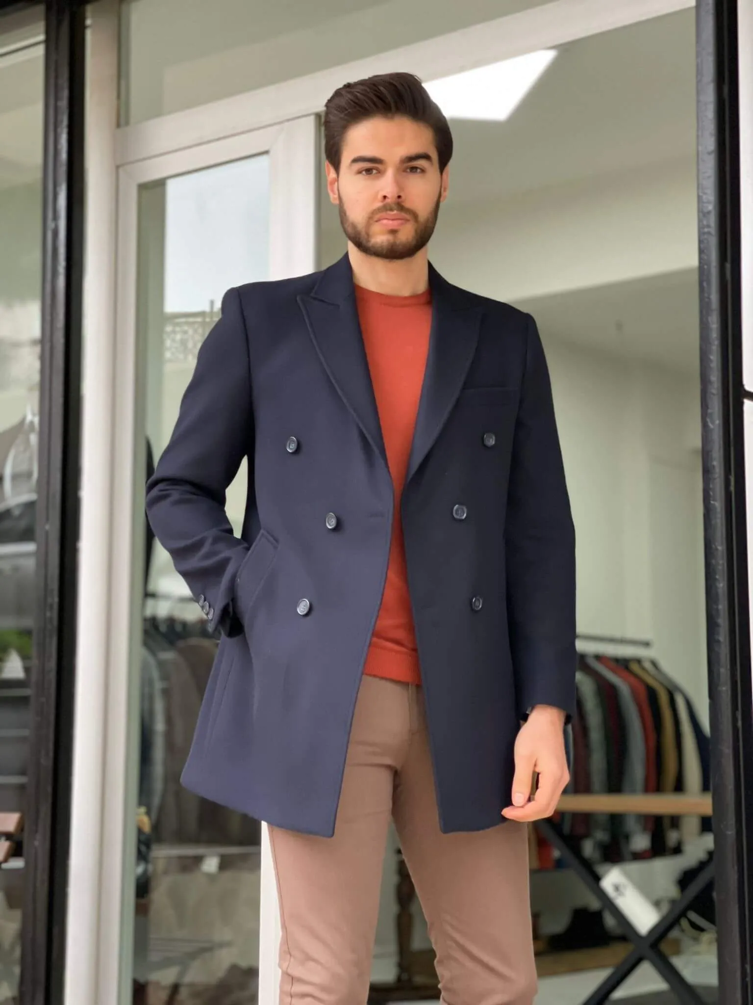 Double Breasted Navy Blue Wool Coat