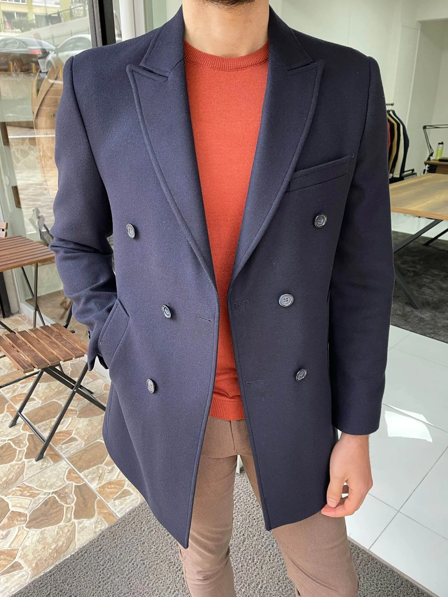 Double Breasted Navy Blue Wool Coat