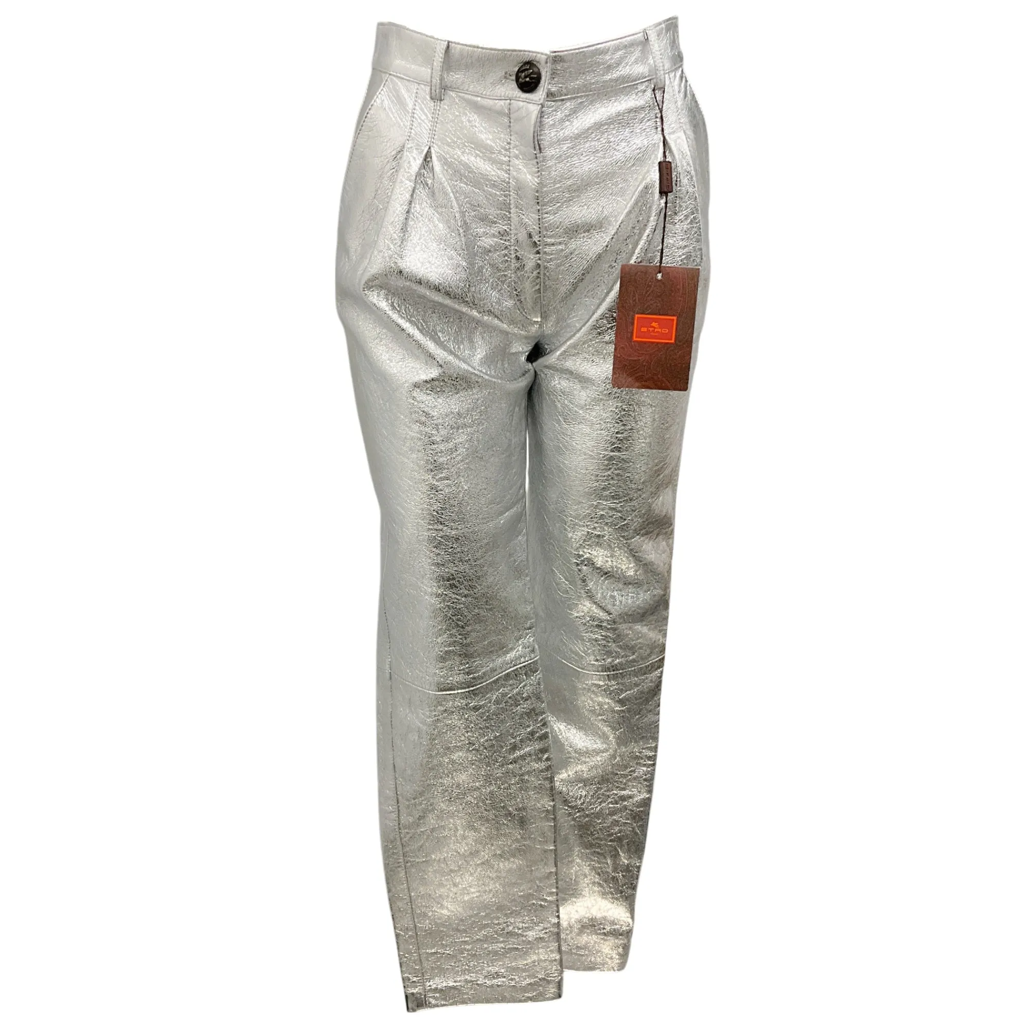 Etro Silver Metallic 2021 Lambskin Leather Ankle Pants