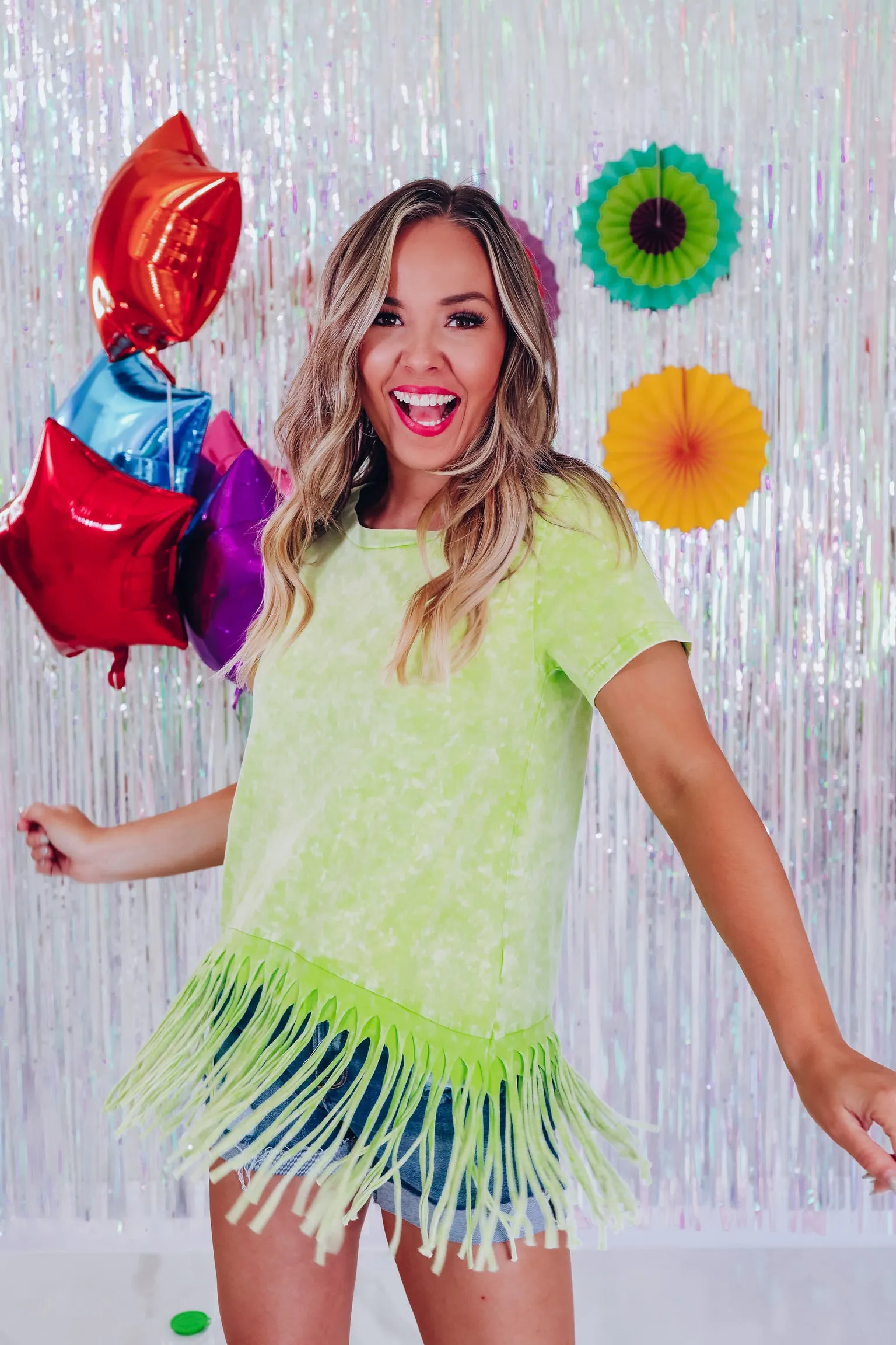 Fab Fringed Mineral Wash Tee - Neon Green