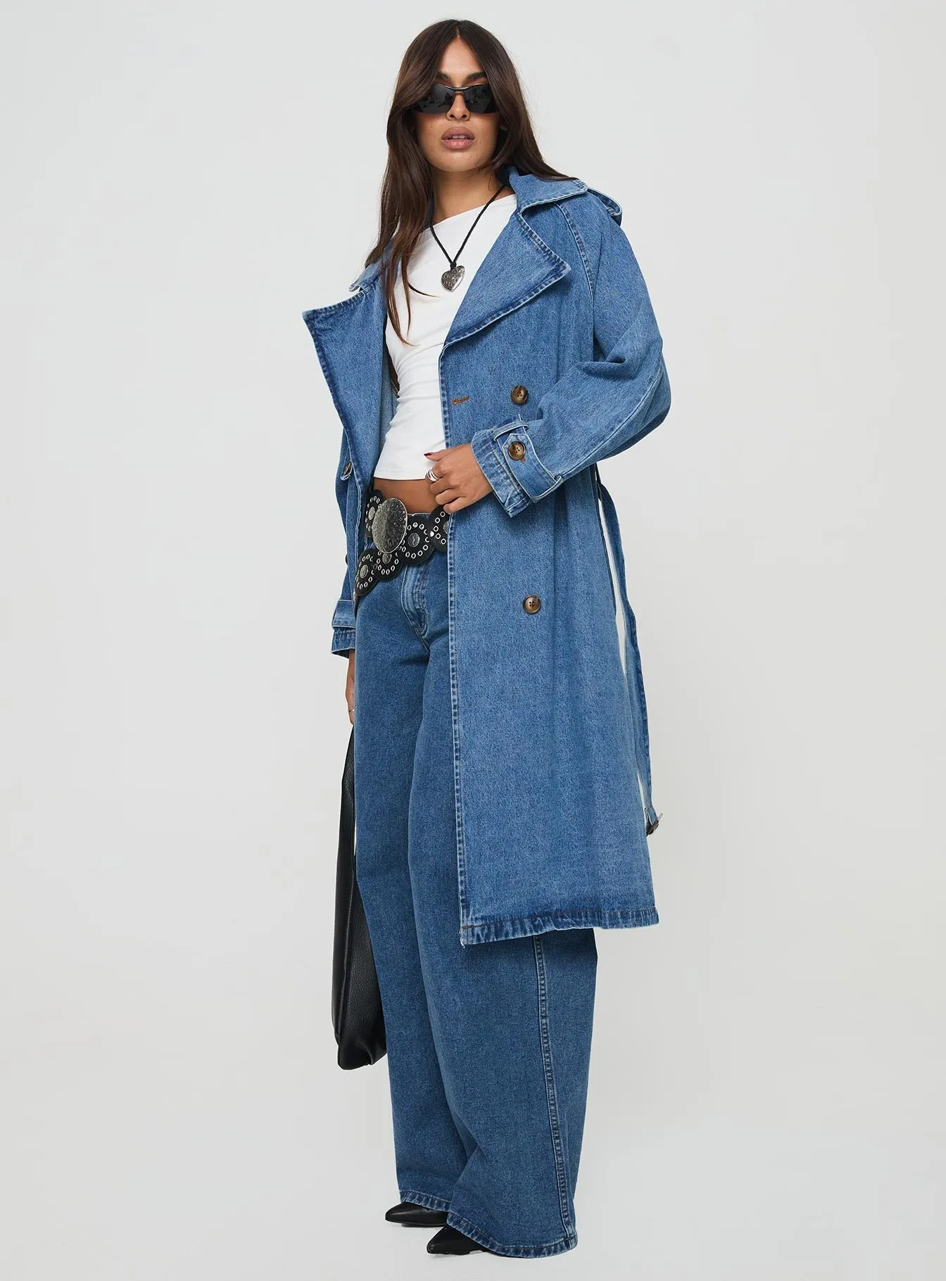 Fashionkova Honeyed Denim Trench Coat Mid Wash