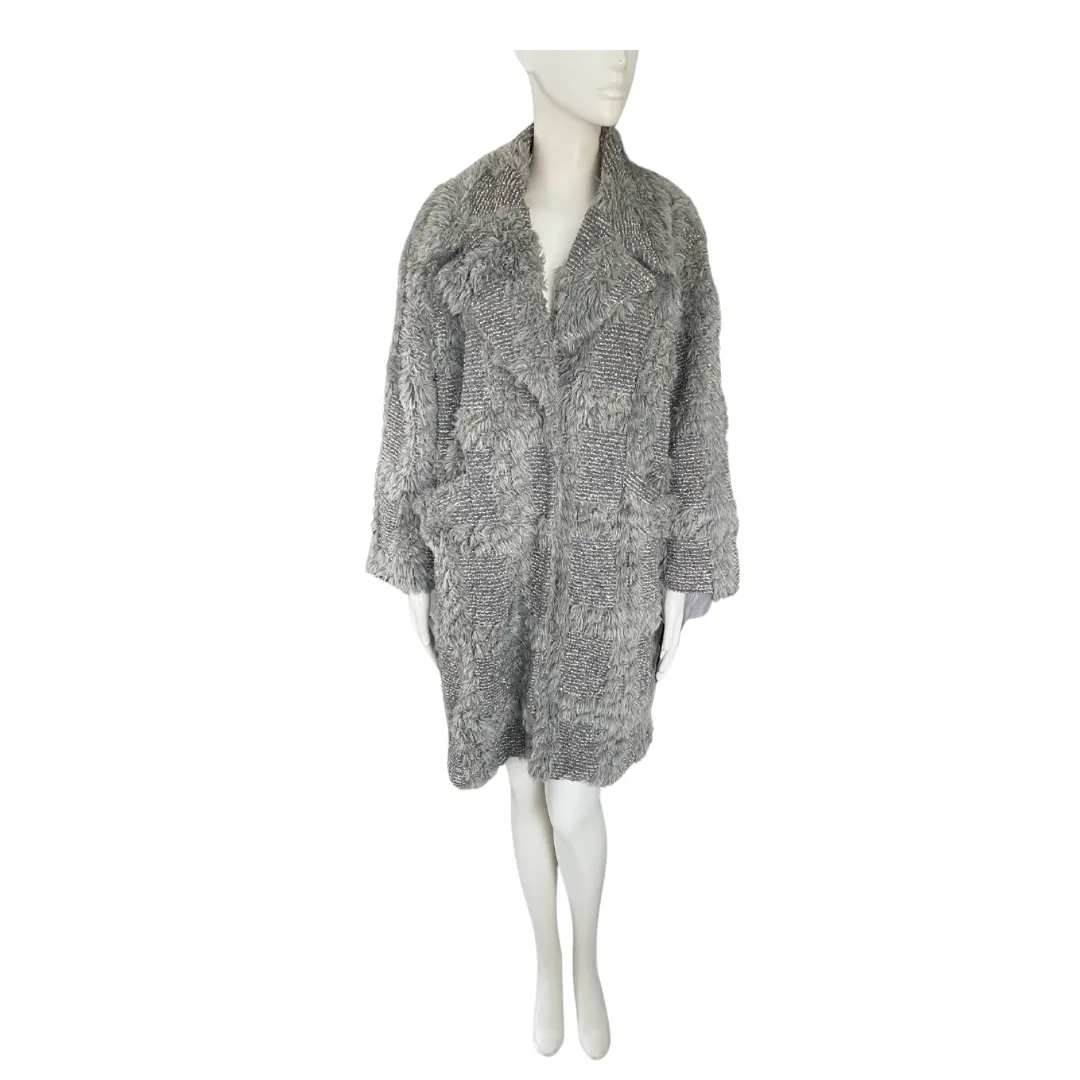 Faux Fur Patchwork Boyfriend Coat Grey Blue SIZE 14