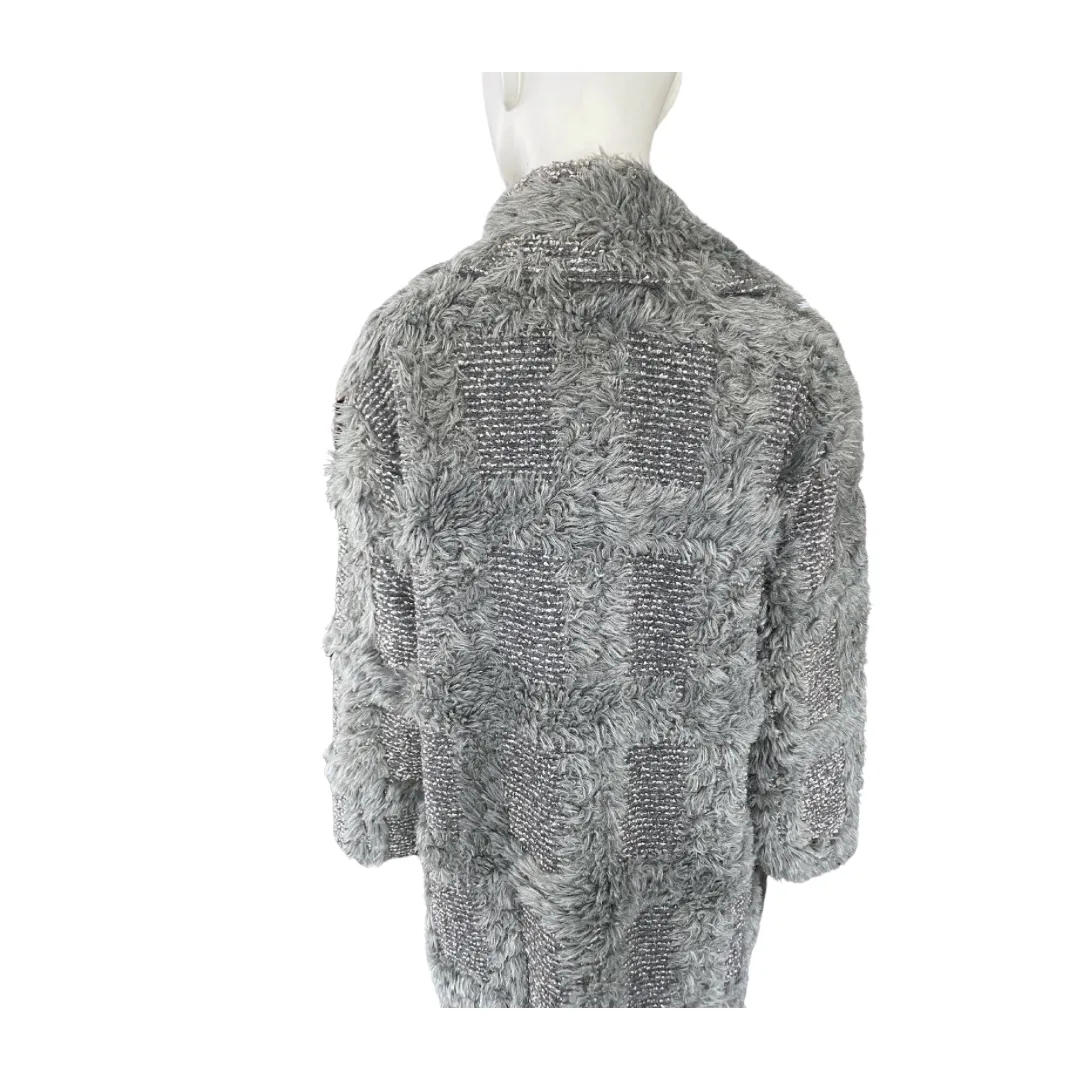 Faux Fur Patchwork Boyfriend Coat Grey Blue SIZE 14