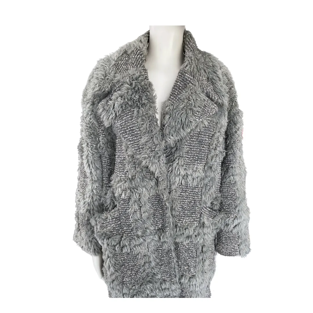 Faux Fur Patchwork Boyfriend Coat Grey Blue SIZE 14