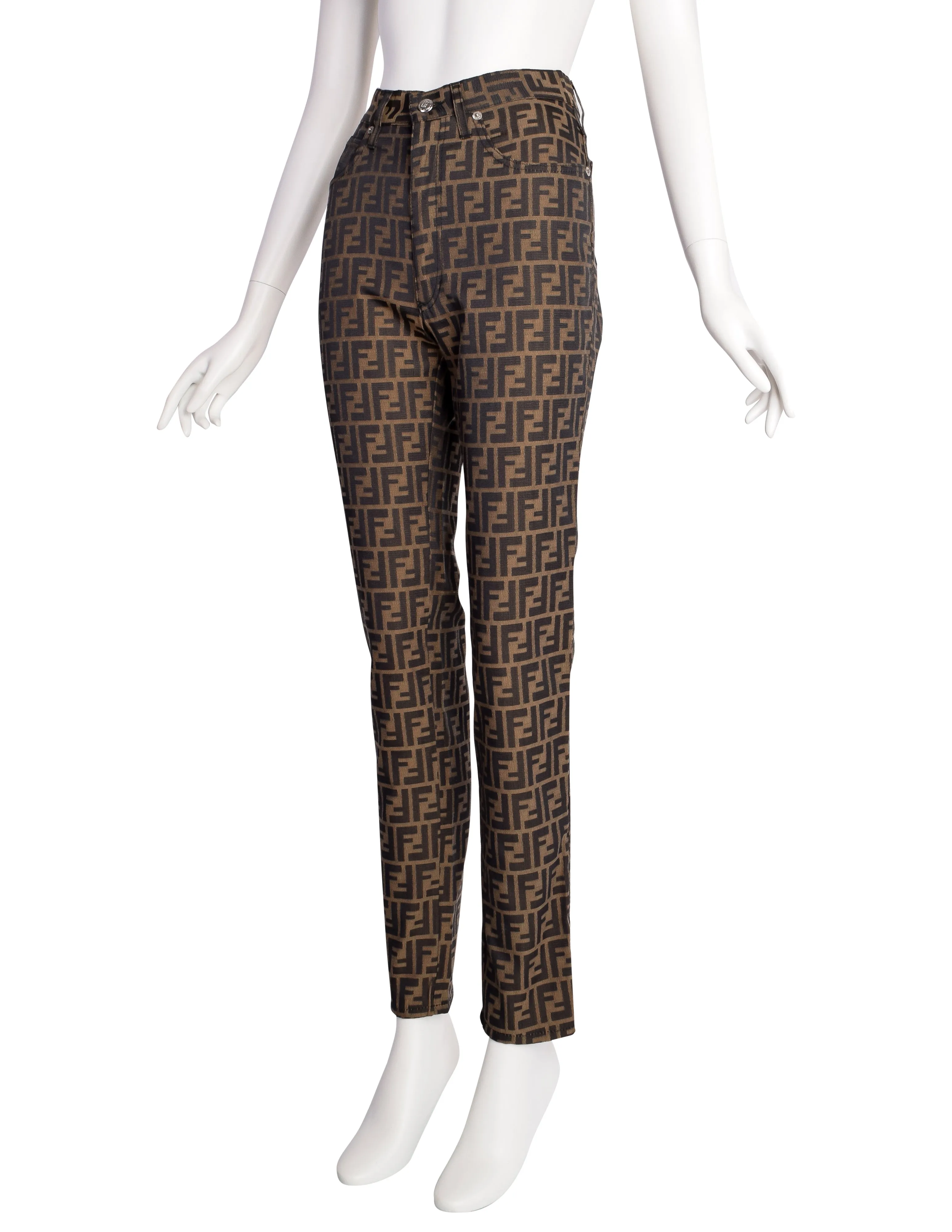 Fendi Vintage 1990s Zucca Brown Black FF Logo Monogram High Waist Pants