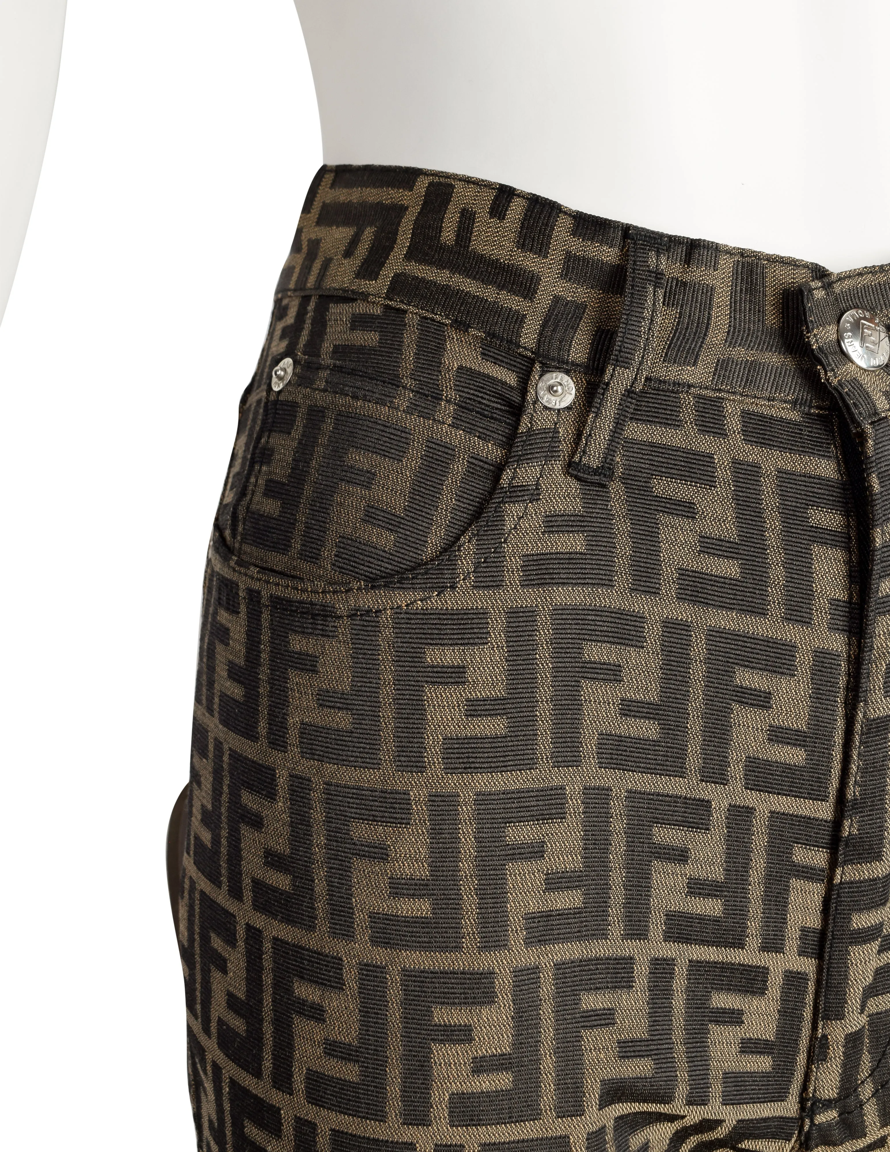 Fendi Vintage 1990s Zucca Brown Black FF Logo Monogram High Waist Pants