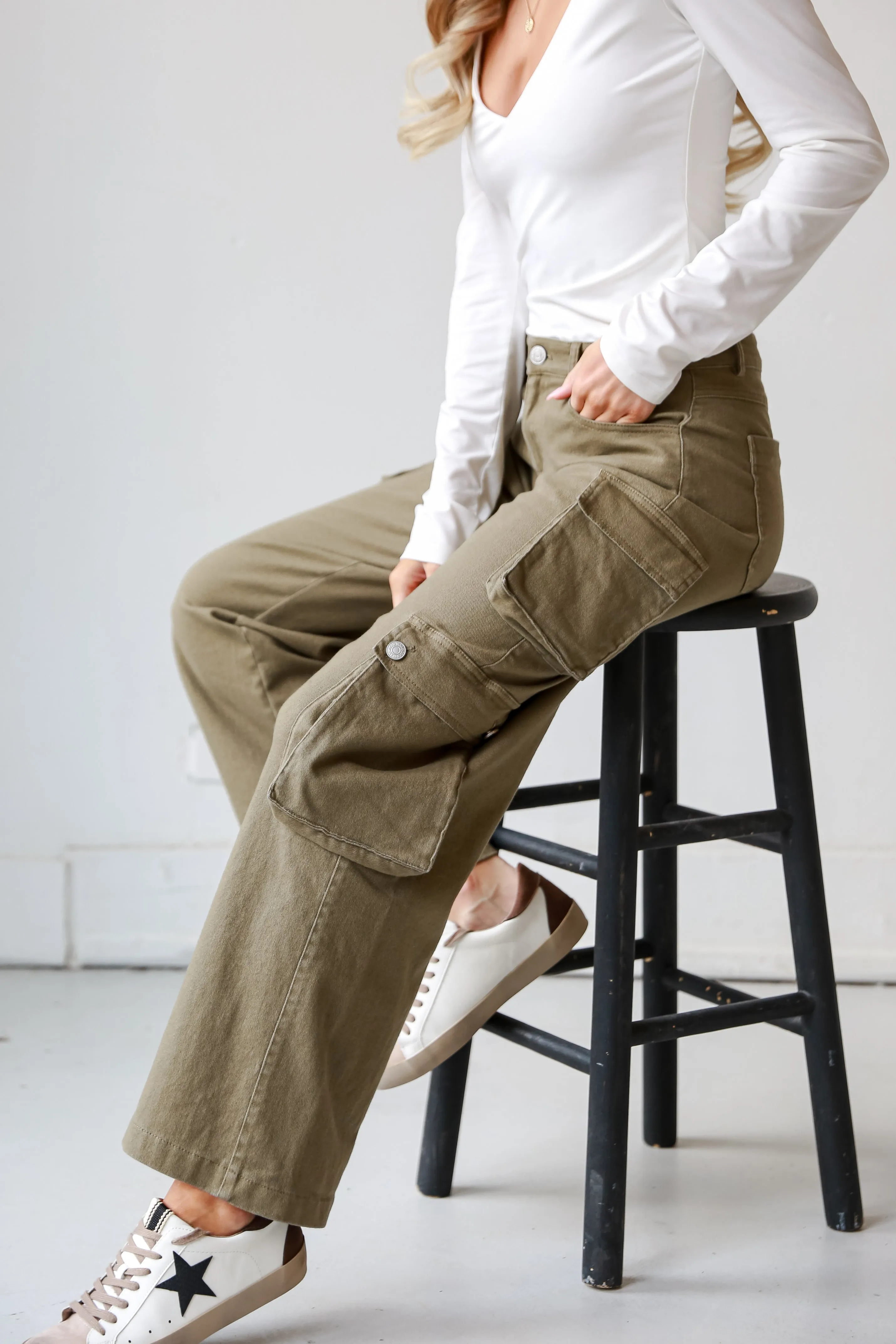 FINAL SALE - Get A Move On It Olive Cargo Jeans