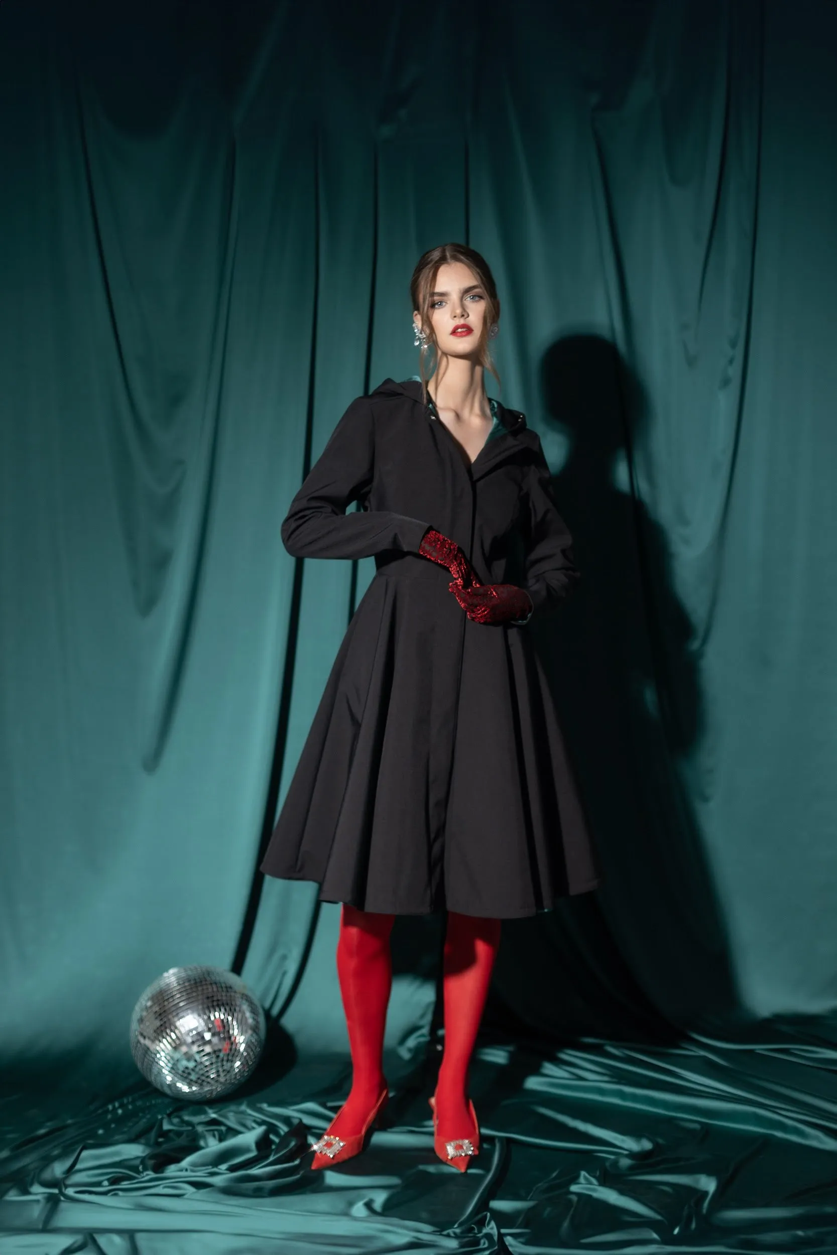 Fit and Flare Coat with Full Circle Skirt in Black with Emerald Green | 'Deep Emerald'