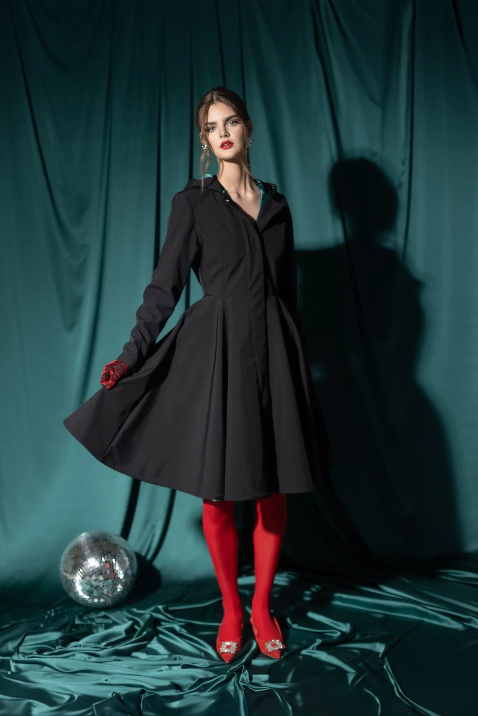 Fit and Flare Coat with Full Circle Skirt in Black with Emerald Green | 'Deep Emerald'