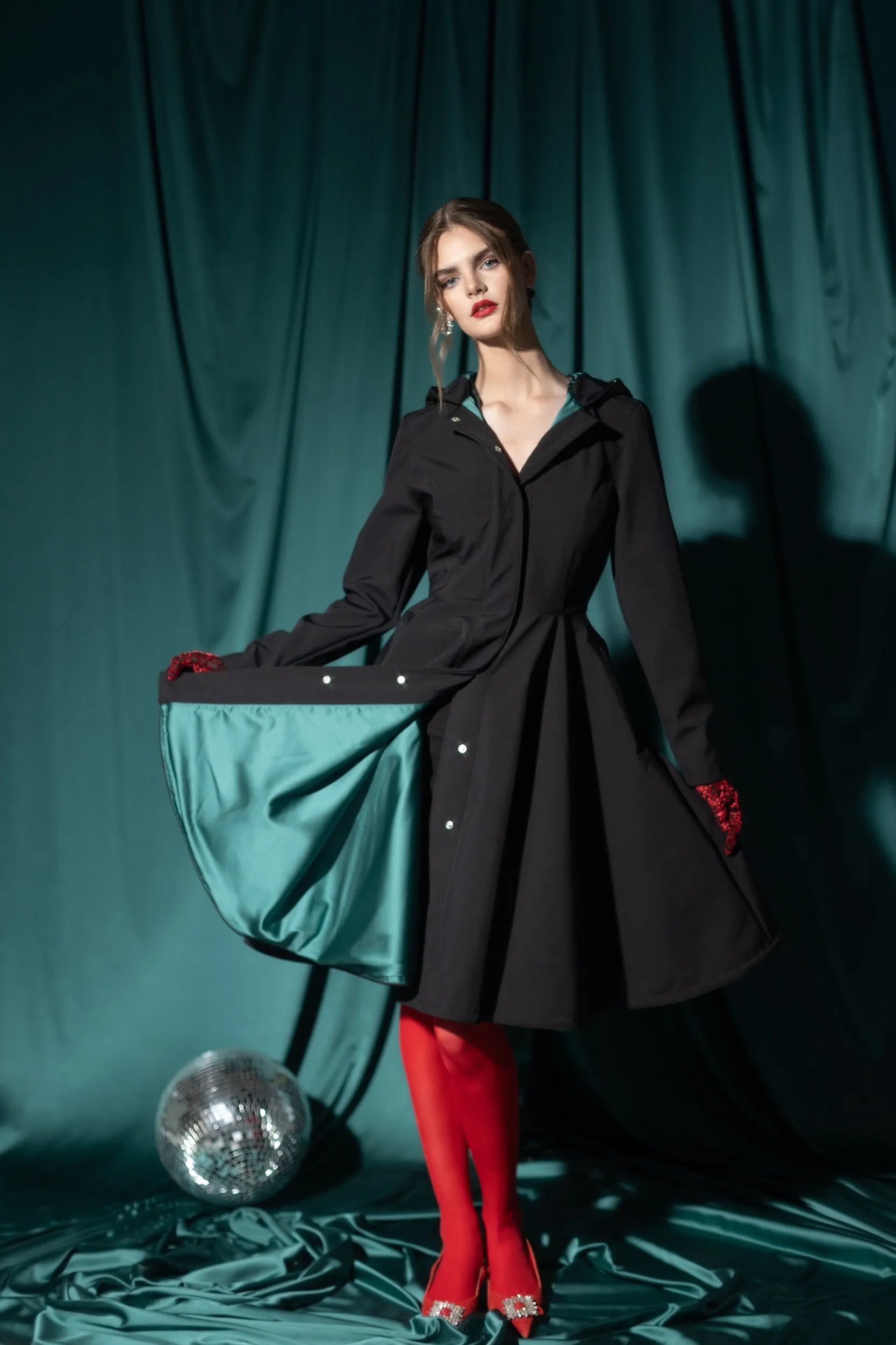 Fit and Flare Coat with Full Circle Skirt in Black with Emerald Green | 'Deep Emerald'