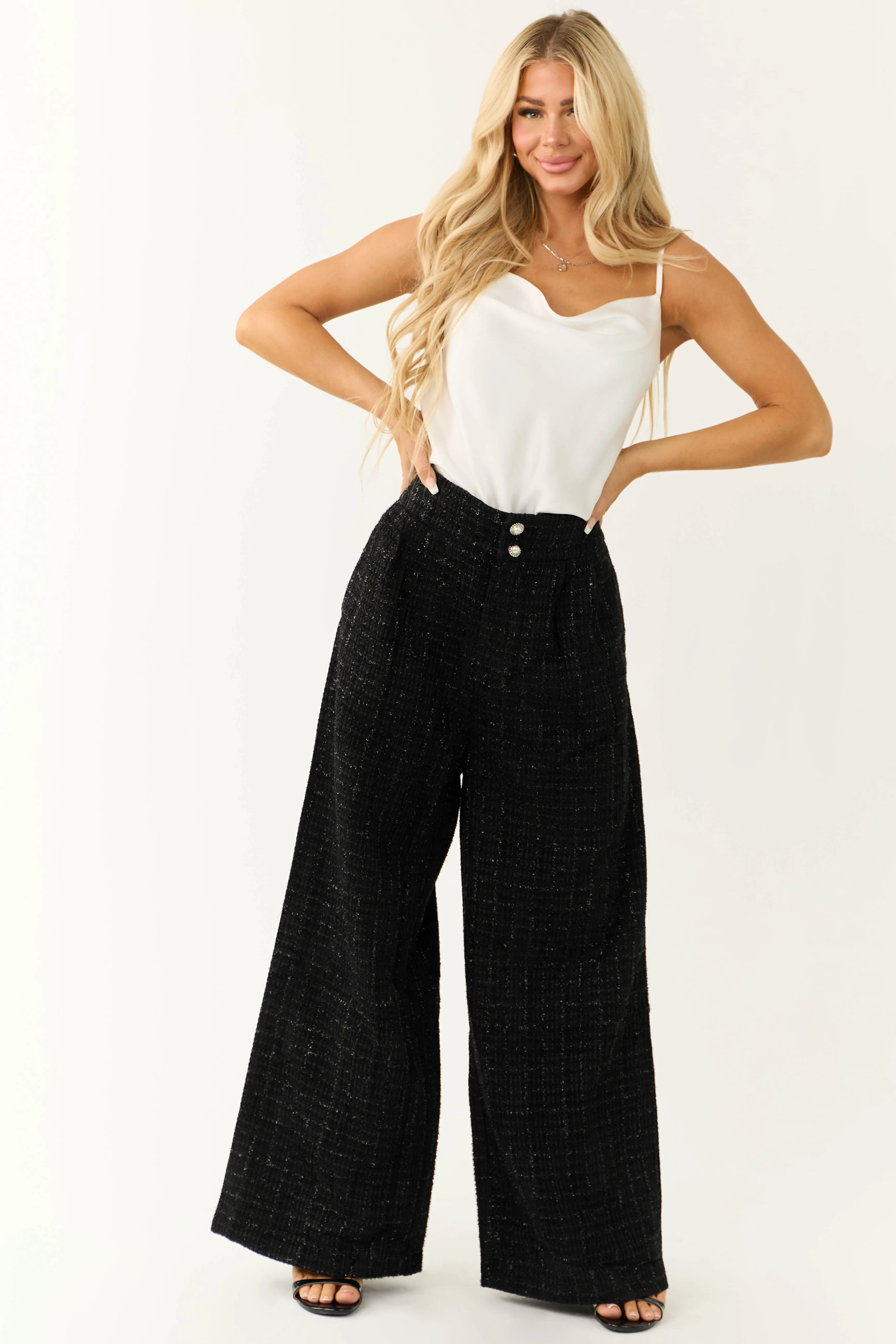 Flying Tomato Black Wide Leg Tweed Pants